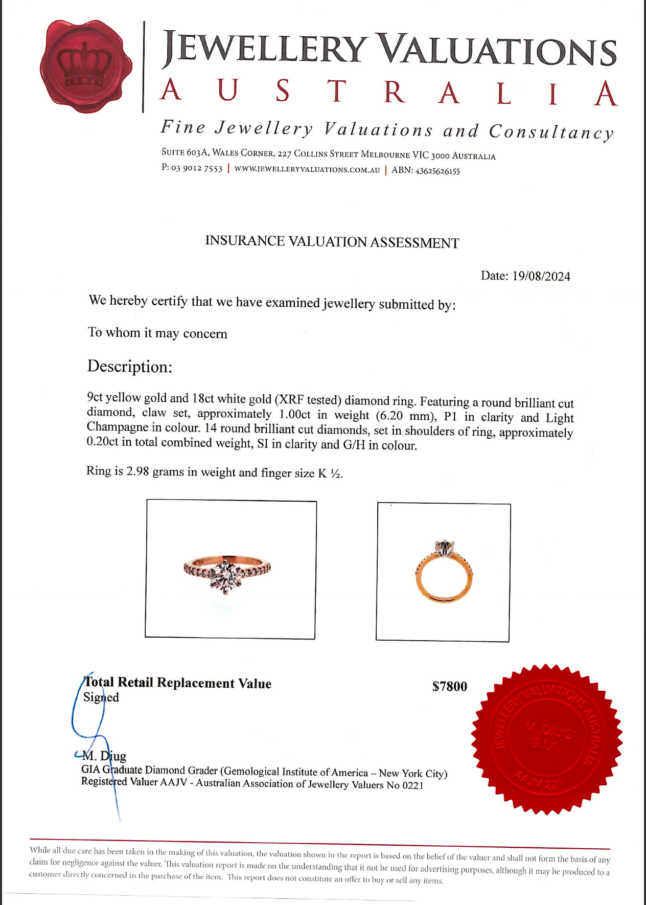 1.0ct Light Champagne P1 Round Brilliant Diamond on 9ct/18ct Gold Ring K½ - Lost Designer