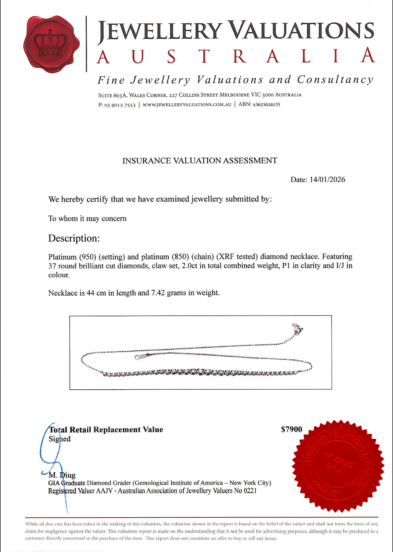 2.0Ct Natural Diamond Tennis-Style Centre Necklace In Platinum