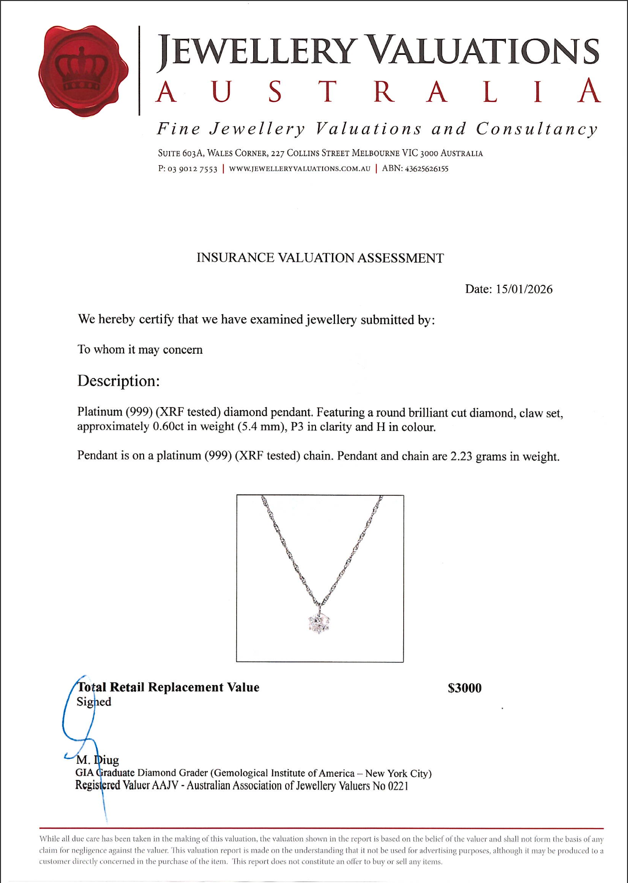 0.60Ct Natural Diamond Solitaire Pendant Necklace In Platinum