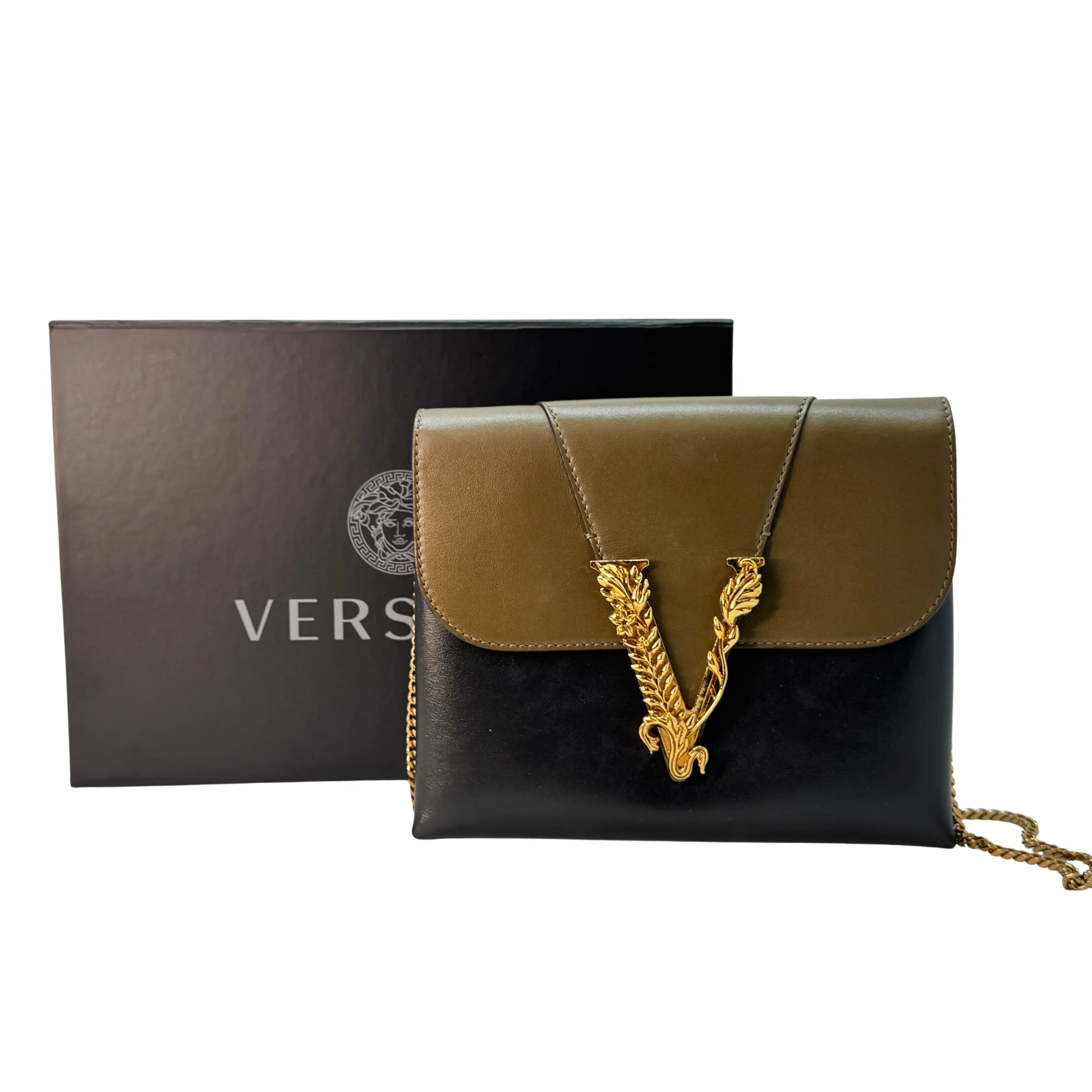 Versace Vitello Virtus Chain Clutch Brown/Black - Lost Designer