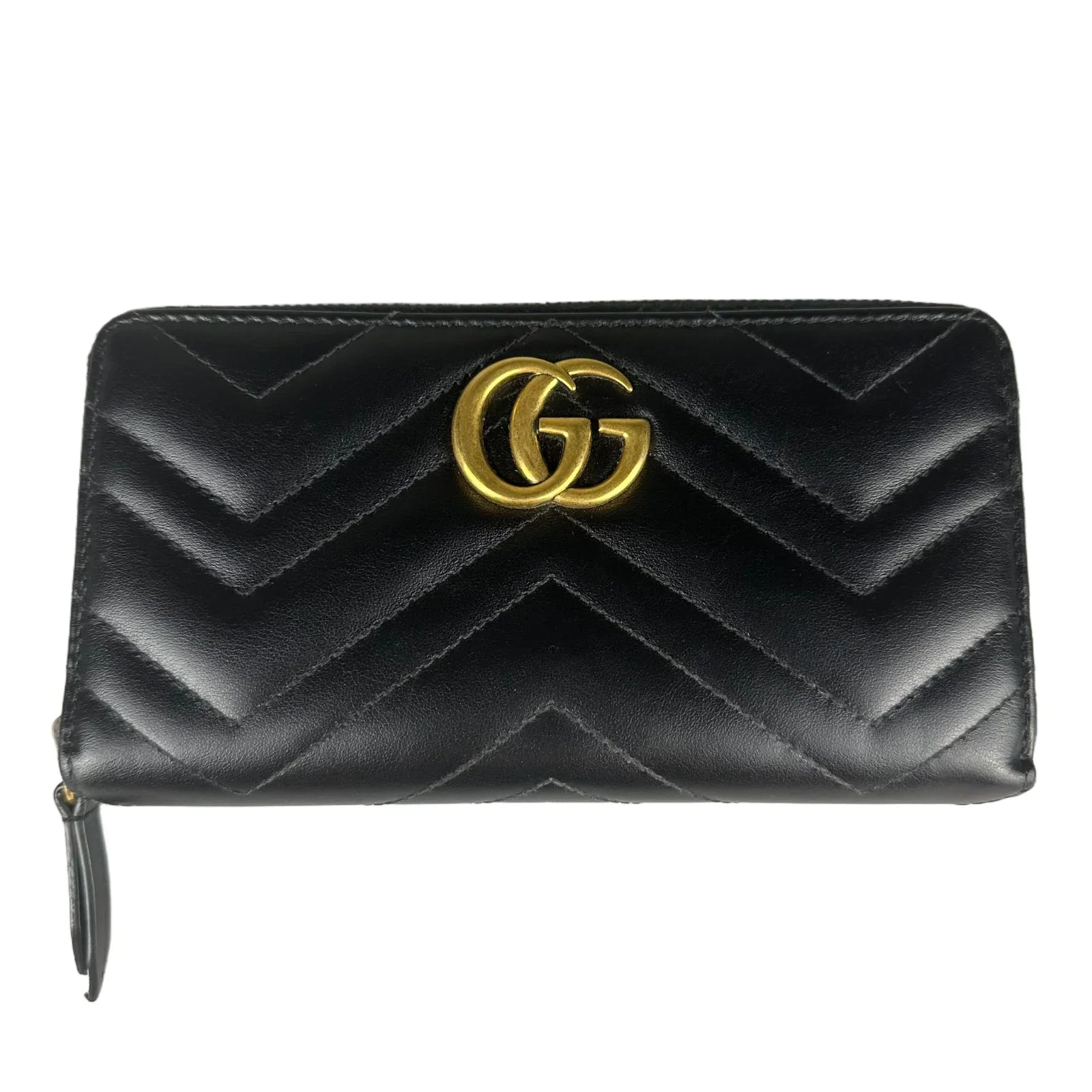 Gucci GG Marmont Zip-Around Long Wallet, Black Matelassé Chevron Leather