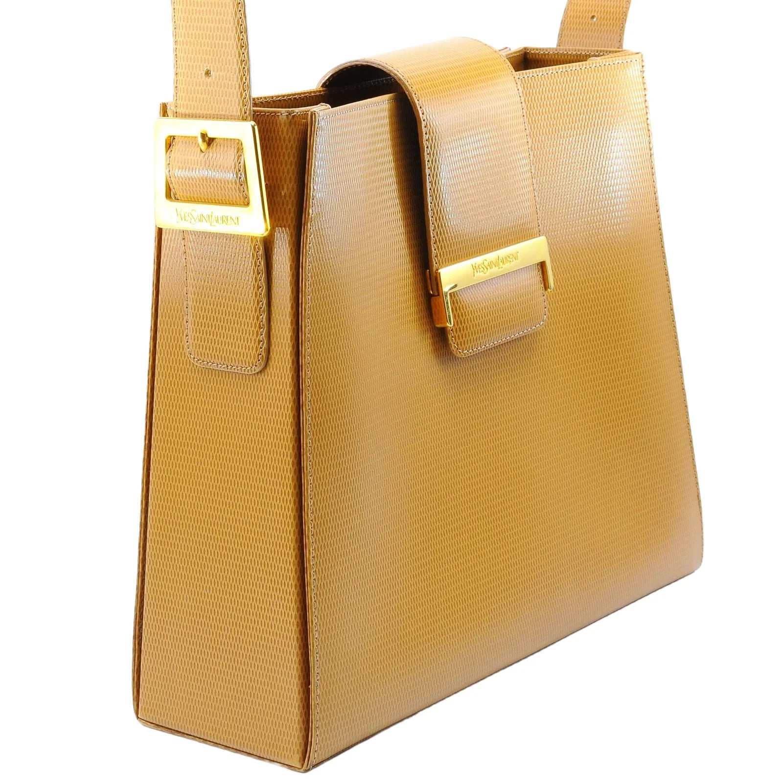 Yves Saint Laurent Lizard Embossed Leather Shoulder Bag Amber
