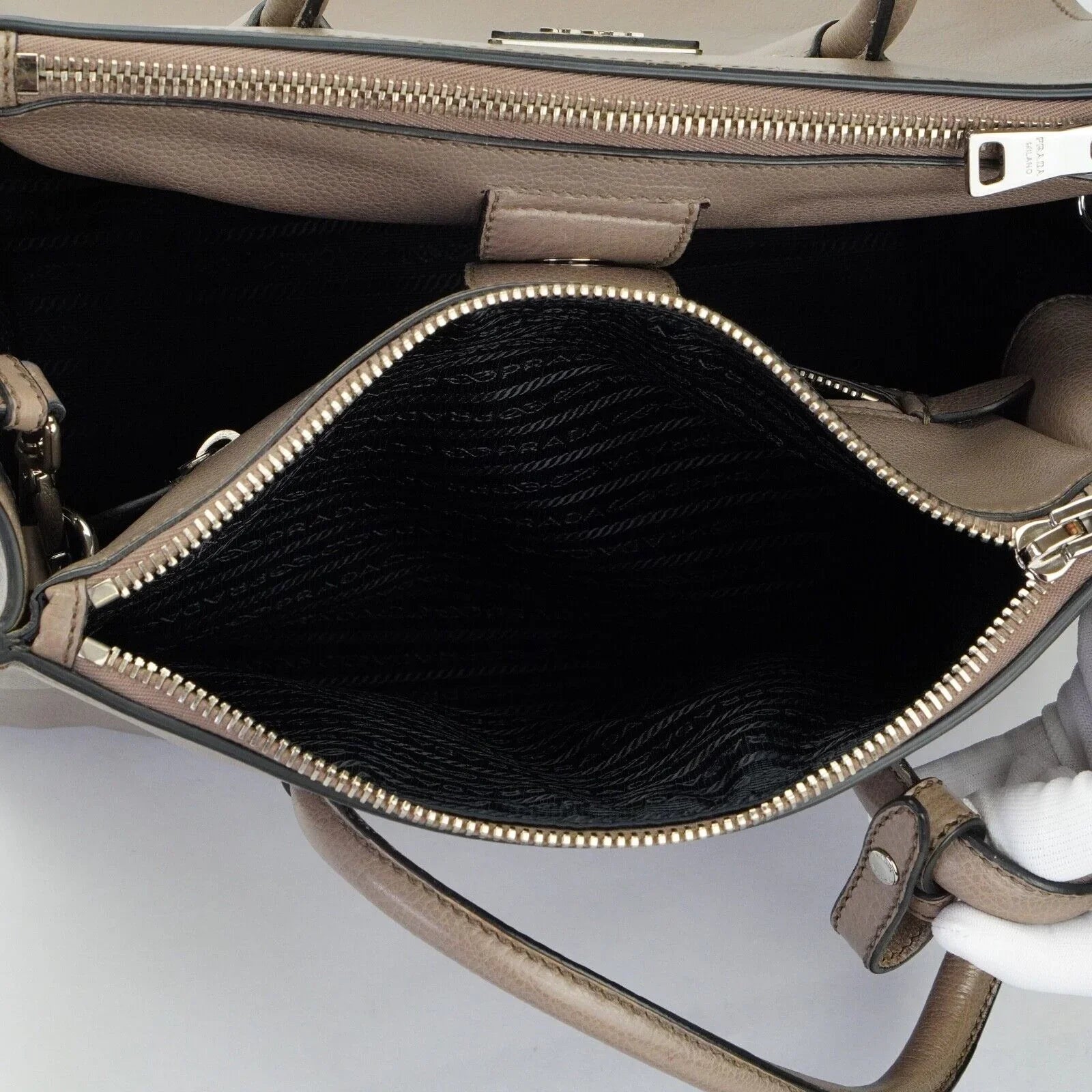 Prada Twin Pocket Tote Glace Calf Leather Bag Taupe