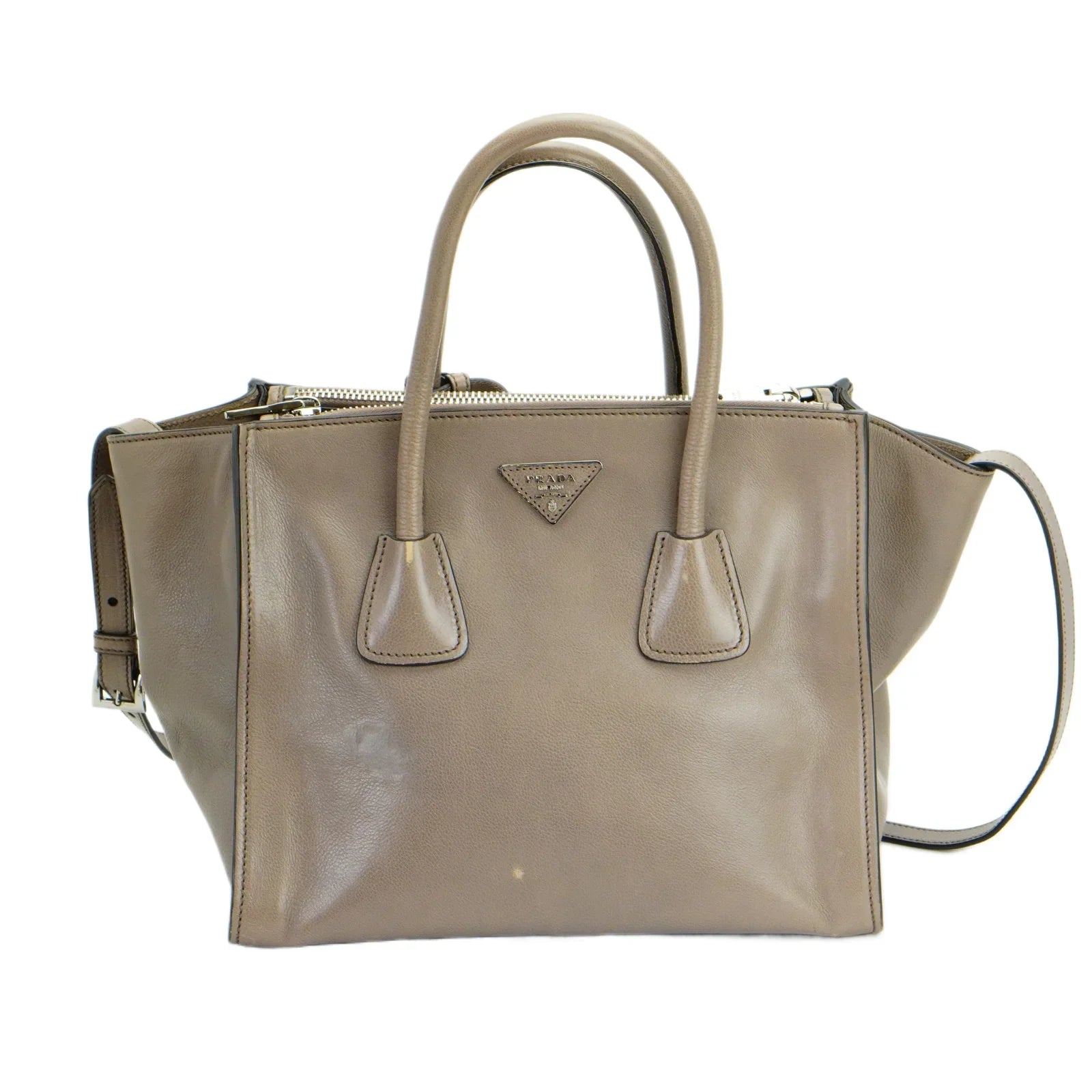 Prada Twin Pocket Tote Glace Calf Leather Bag Taupe