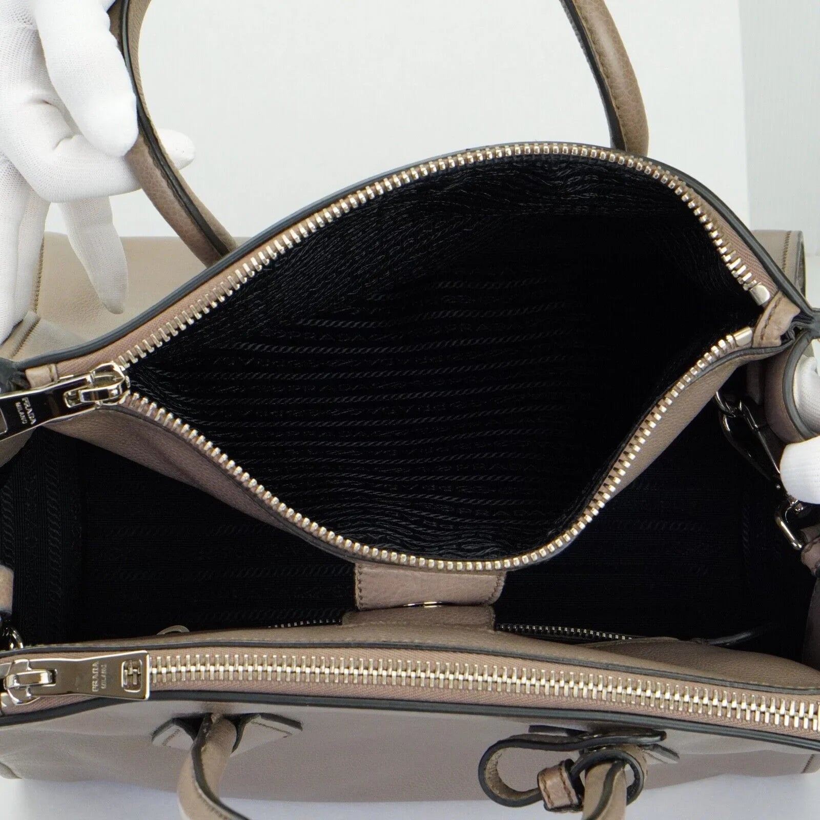 Prada Twin Pocket Tote Glace Calf Leather Bag Taupe