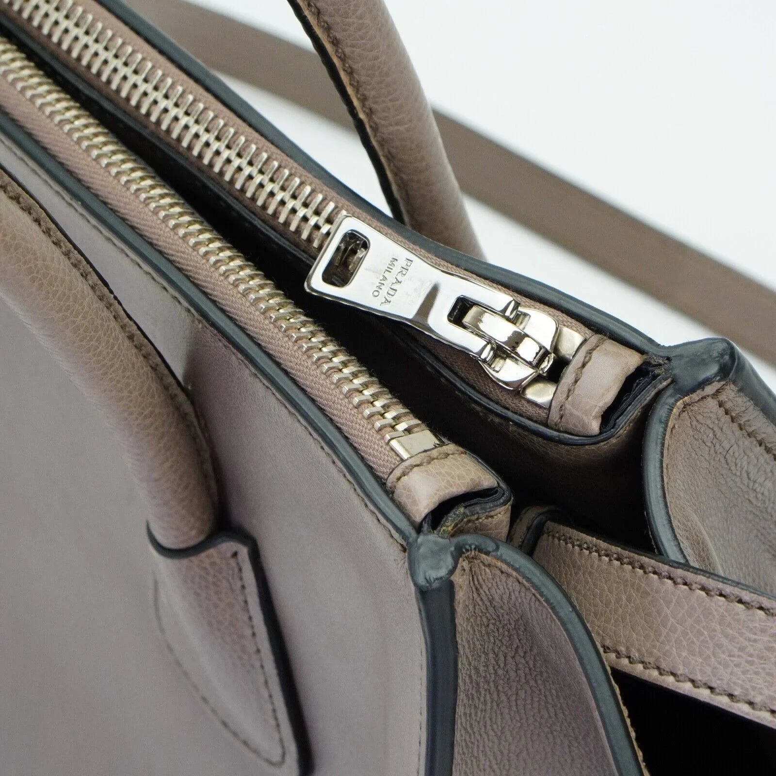 Prada Twin Pocket Tote Glace Calf Leather Bag Taupe