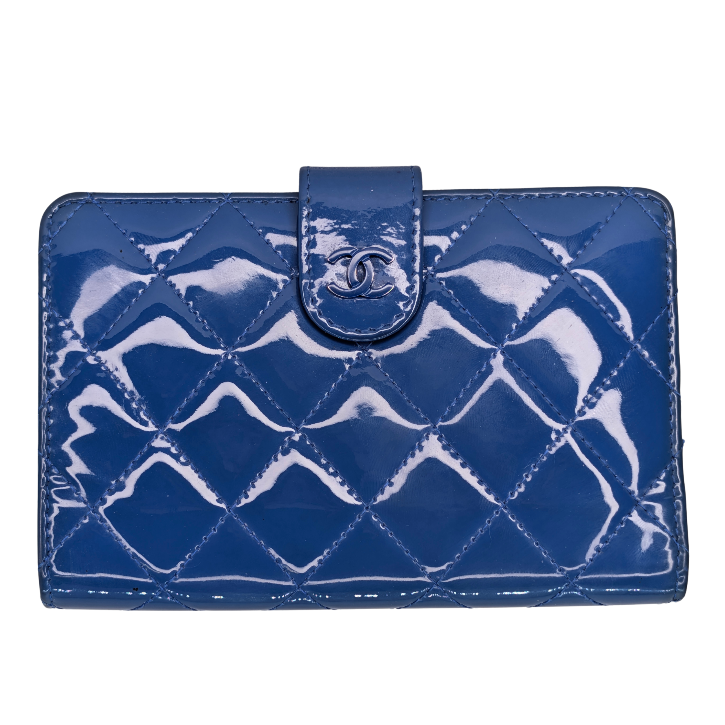 Chanel CC Quilted Patent Leather Flap Long Wallet Blue