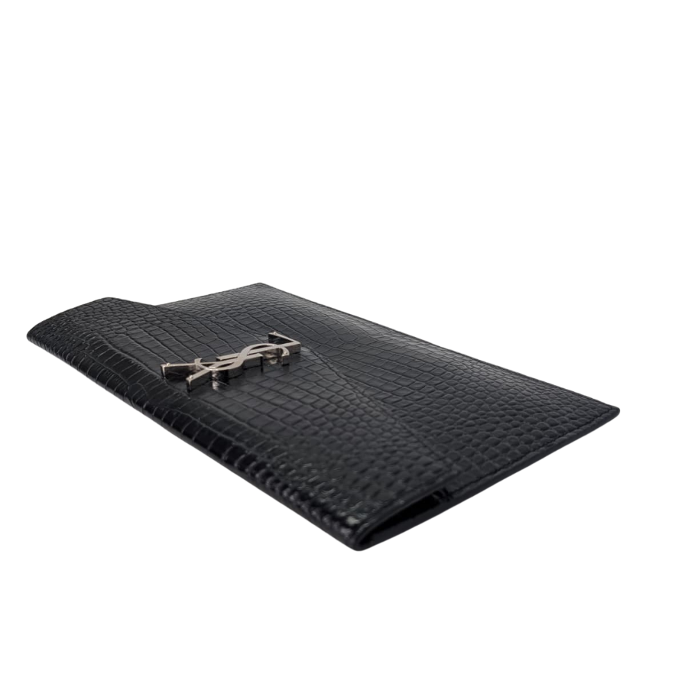 Saint Laurent Small Uptown Pouch In Crocodile-Embossed Leather Black