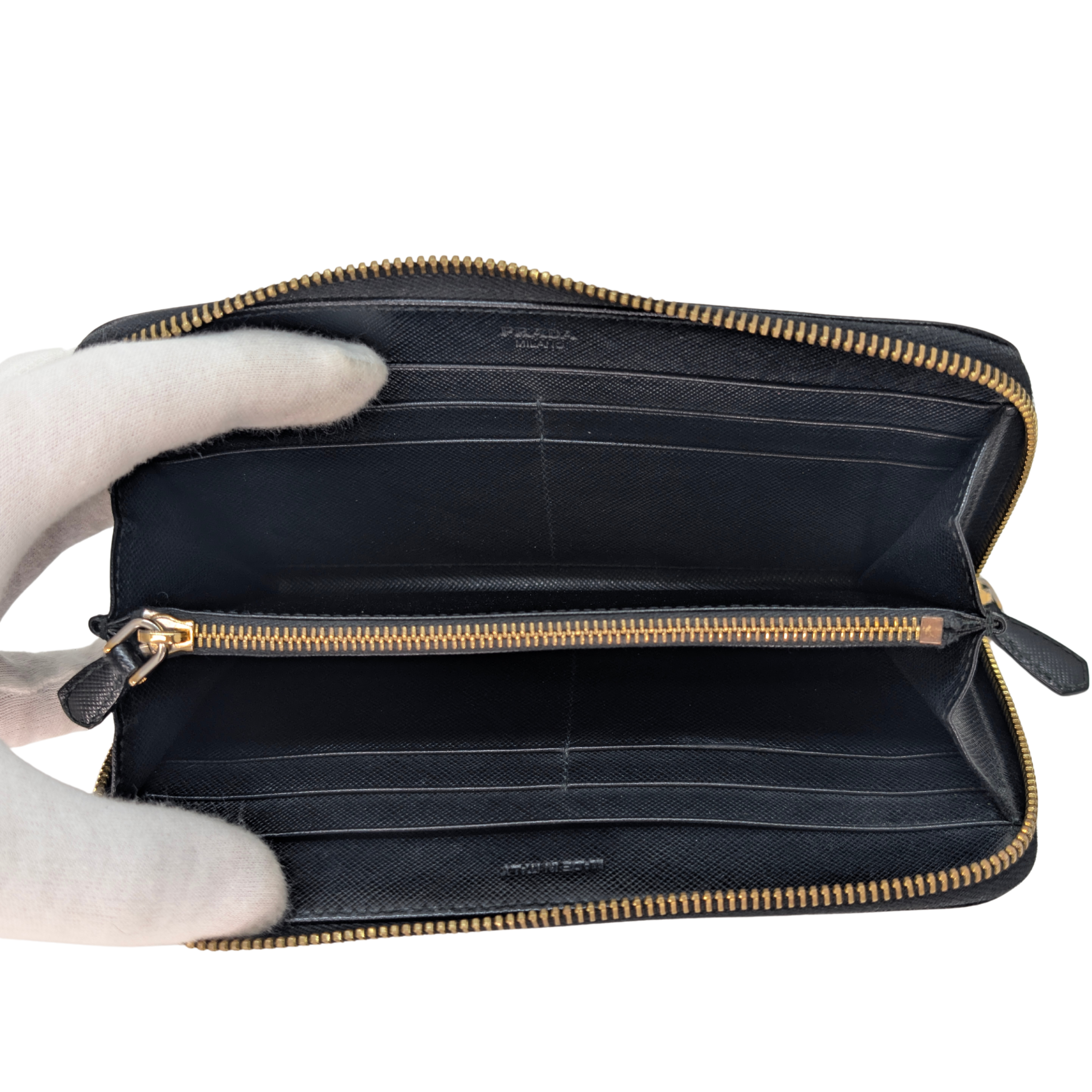 Prada Saffiano Leather Zip around Long Wallet Black