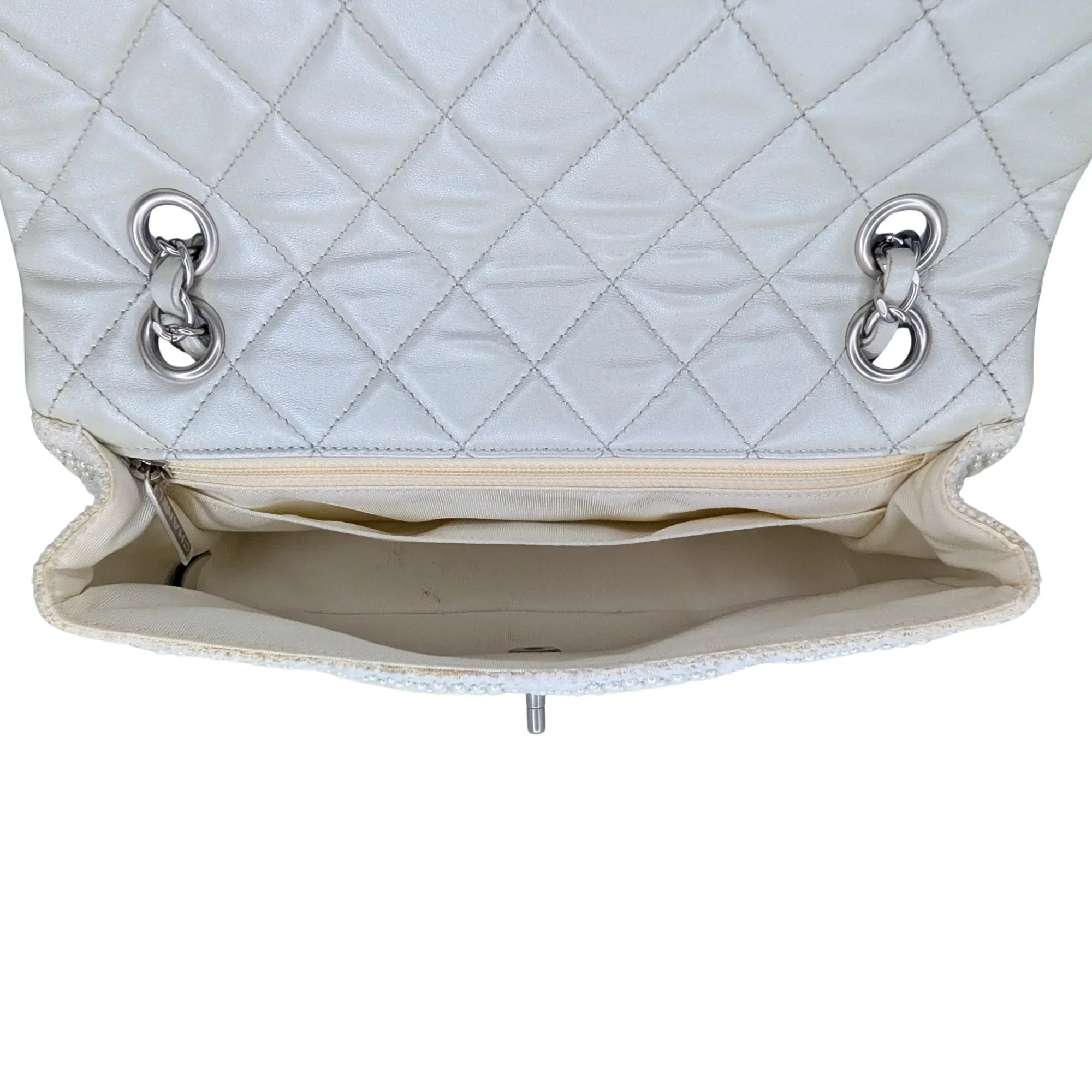 Chanel Classic Flap Pearl Embellished Shoulder Bag White - Lost Designer