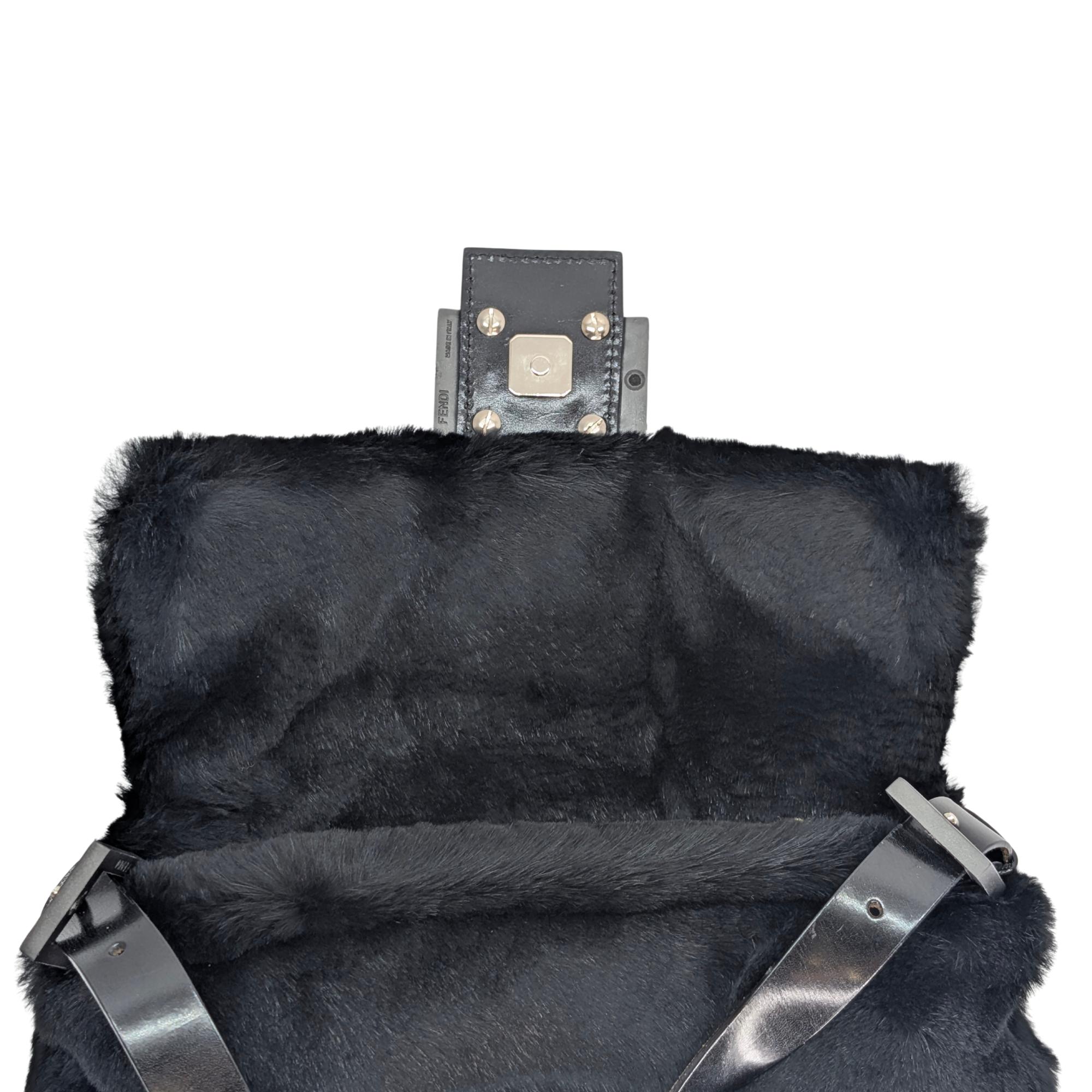 Fendi Rabbit Fur Baguette Handbag Black