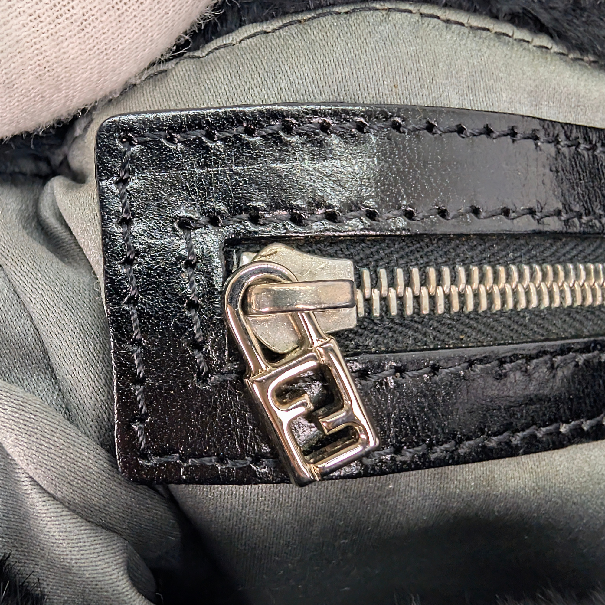 Fendi Rabbit Fur Baguette Handbag Black