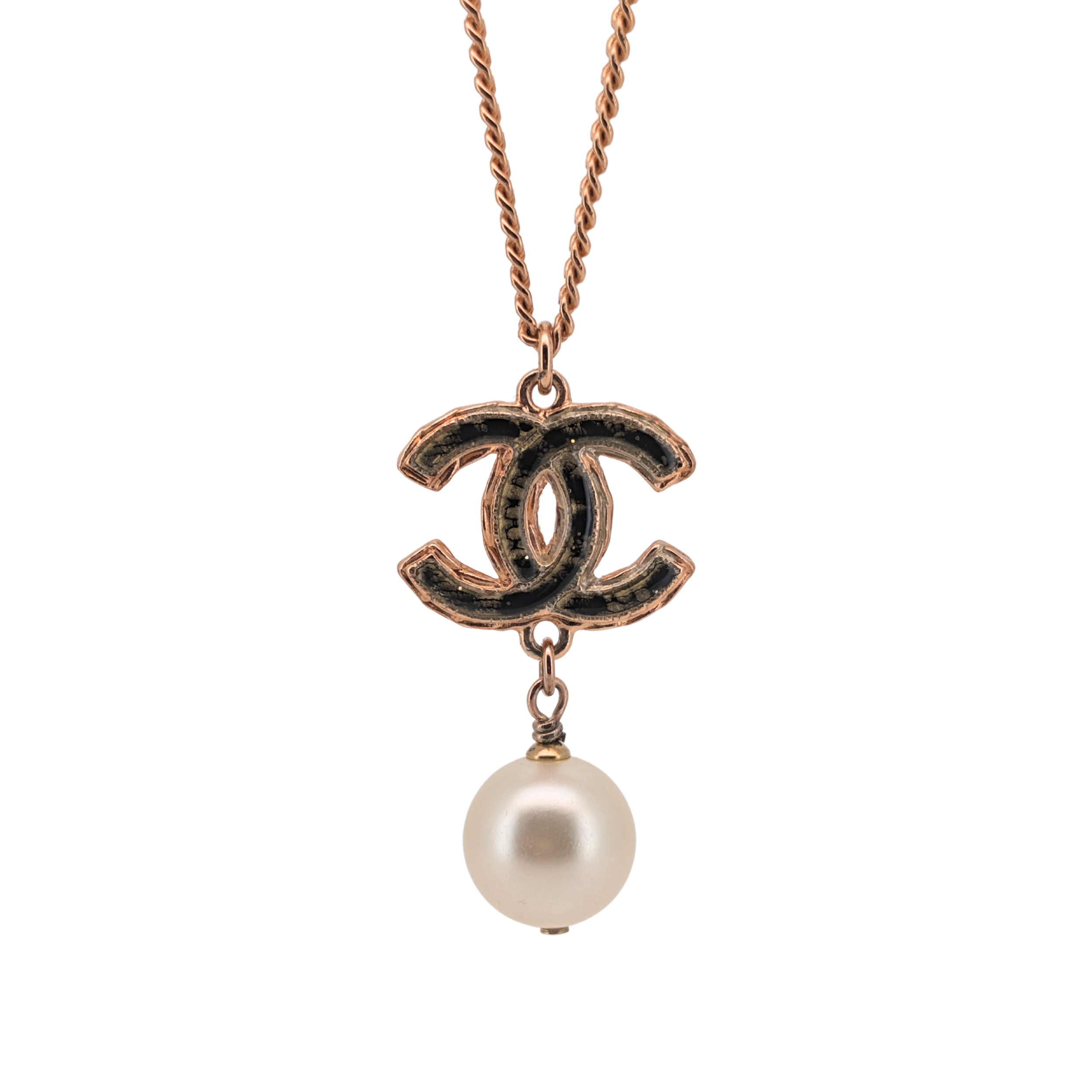 Chanel Pearl 18k Gold Plated Faux Pearl & Enamel CC Pendant Necklace