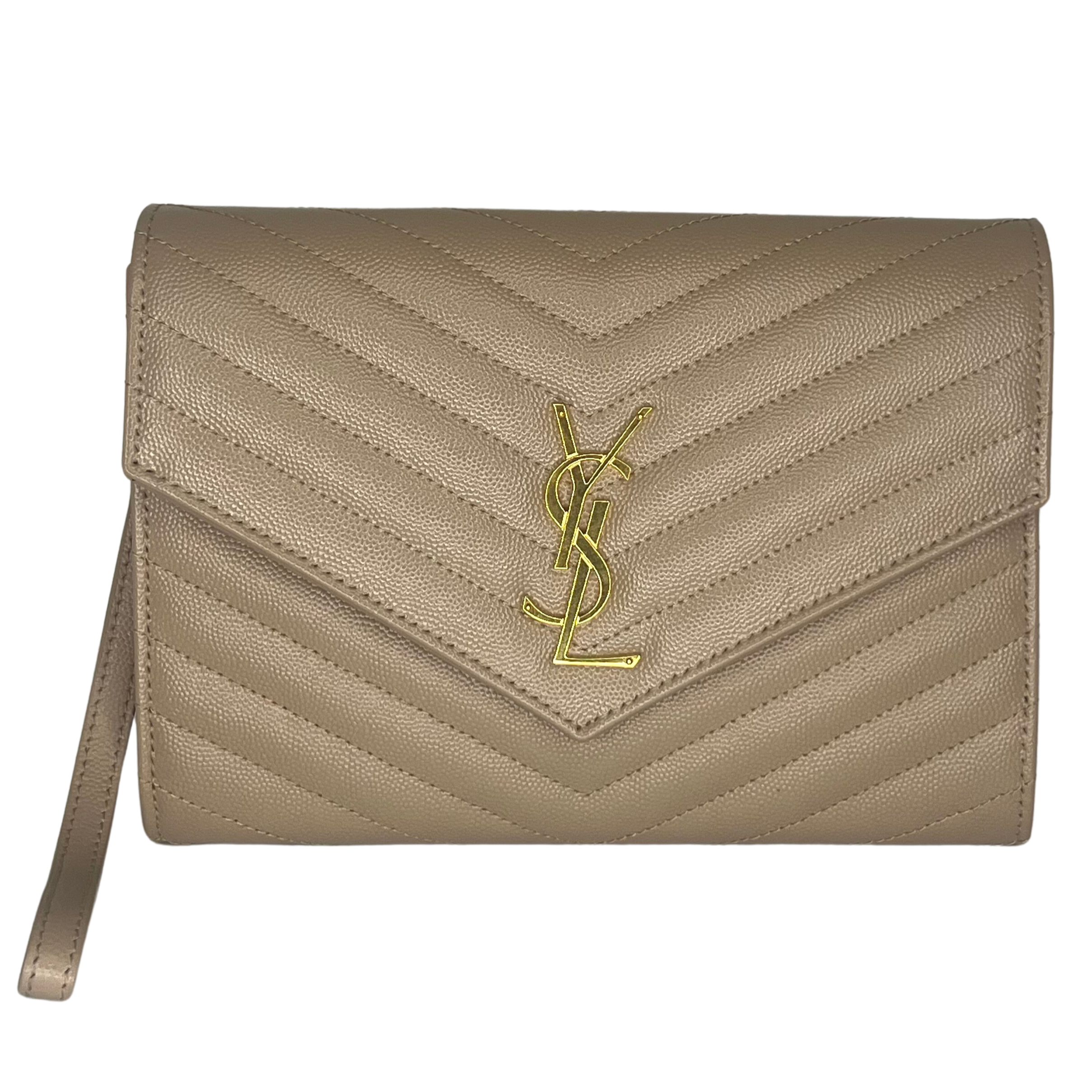 Yves Saint Laurent (YSL) Cassandra Clutch – Chevron Quilted Leather Beige
