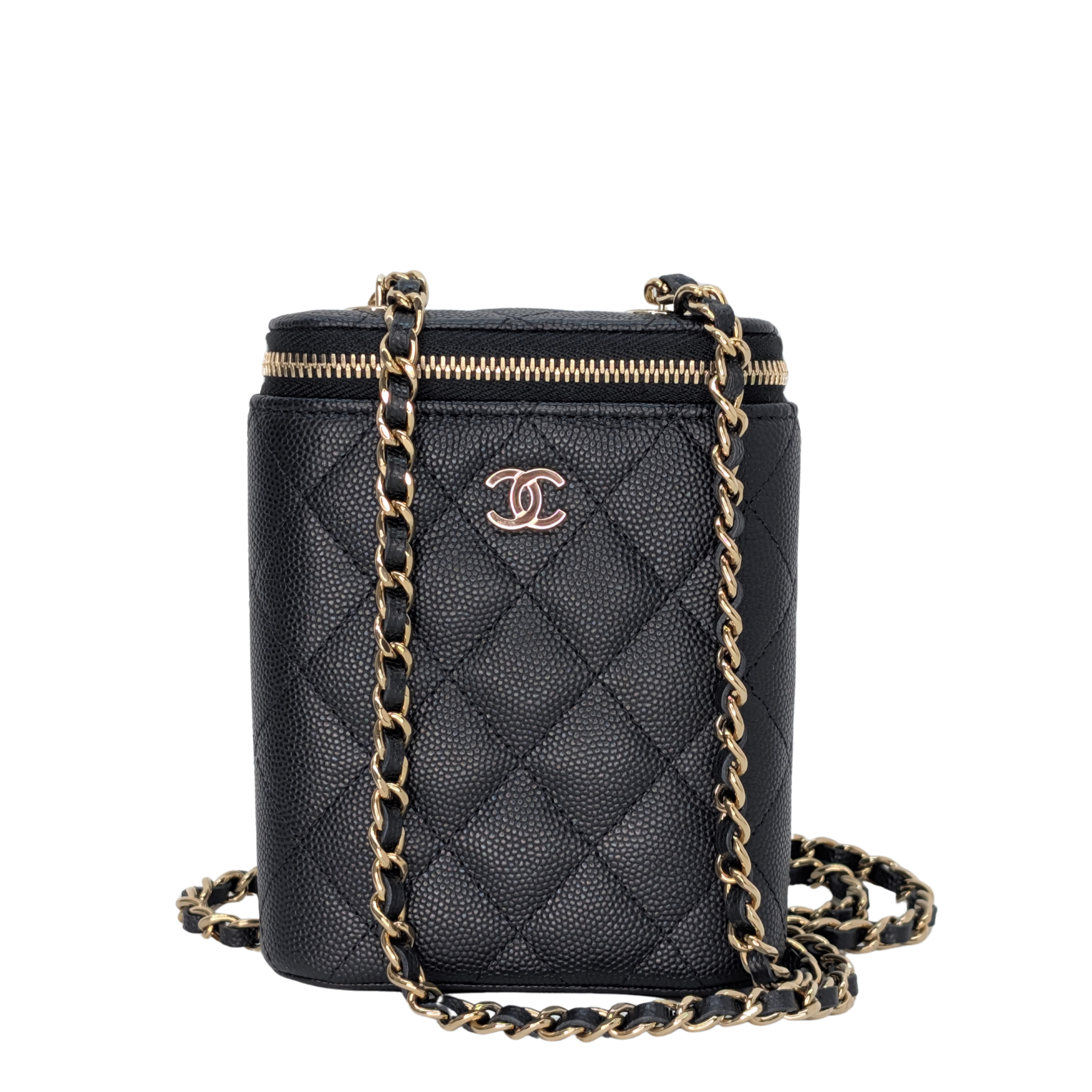 Chanel Caviar Quilted Small Vertical Coco Beauty Vanity Case with Chain Black