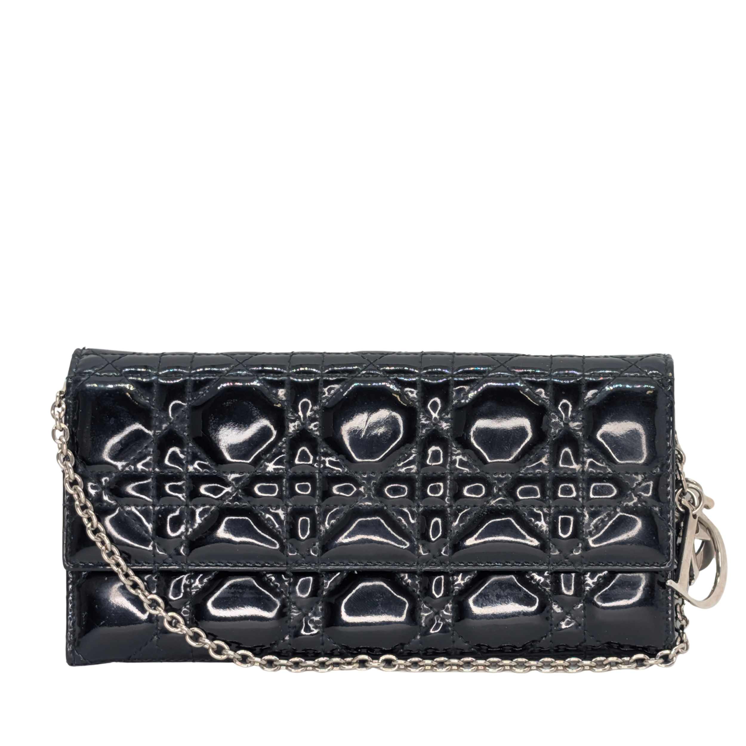 Dior Patent Leather Long Wallet With Chain Black