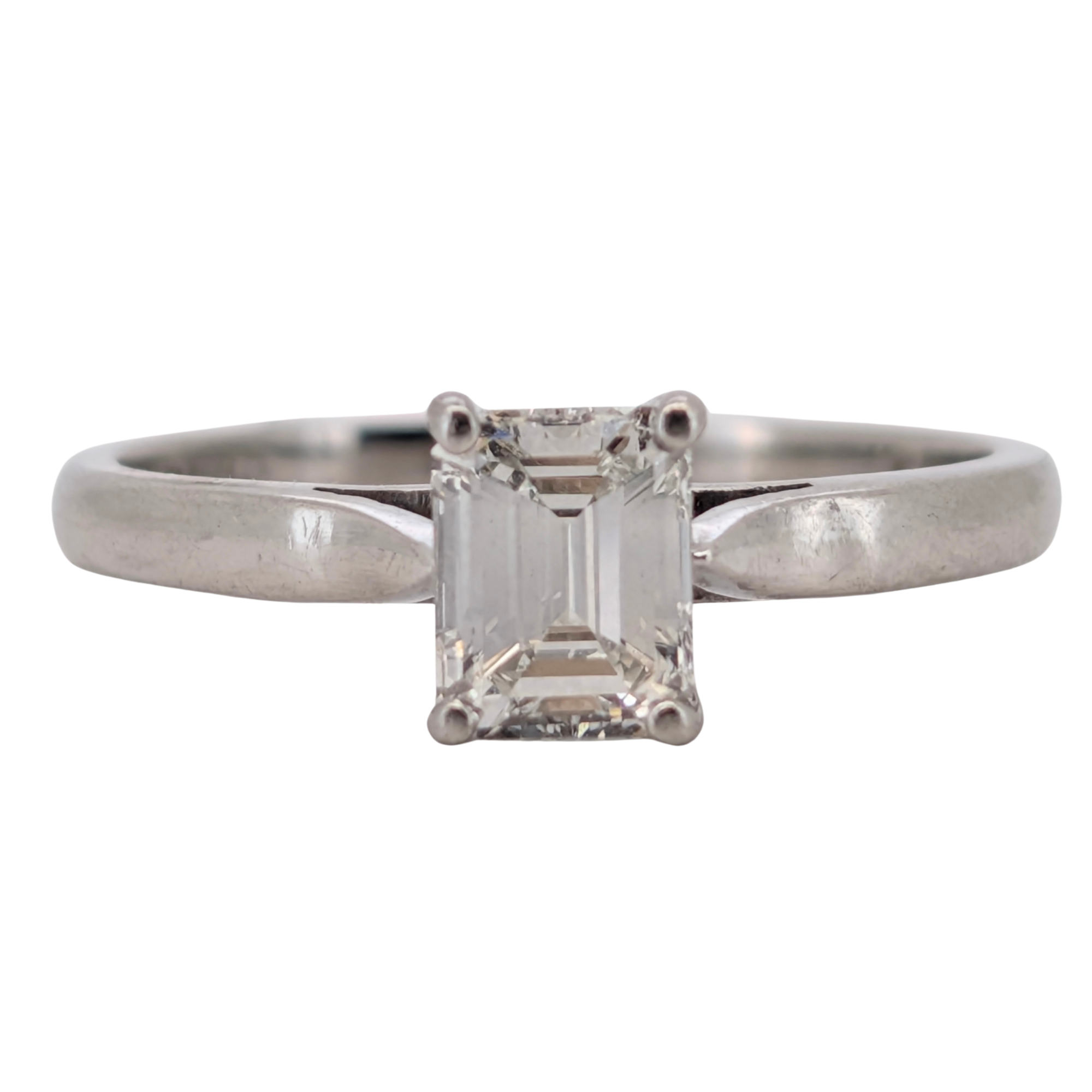 0.73ct Colour F-G Clarity VVS2-VVS1 Diamond emerald cut on platinum Ring O½
