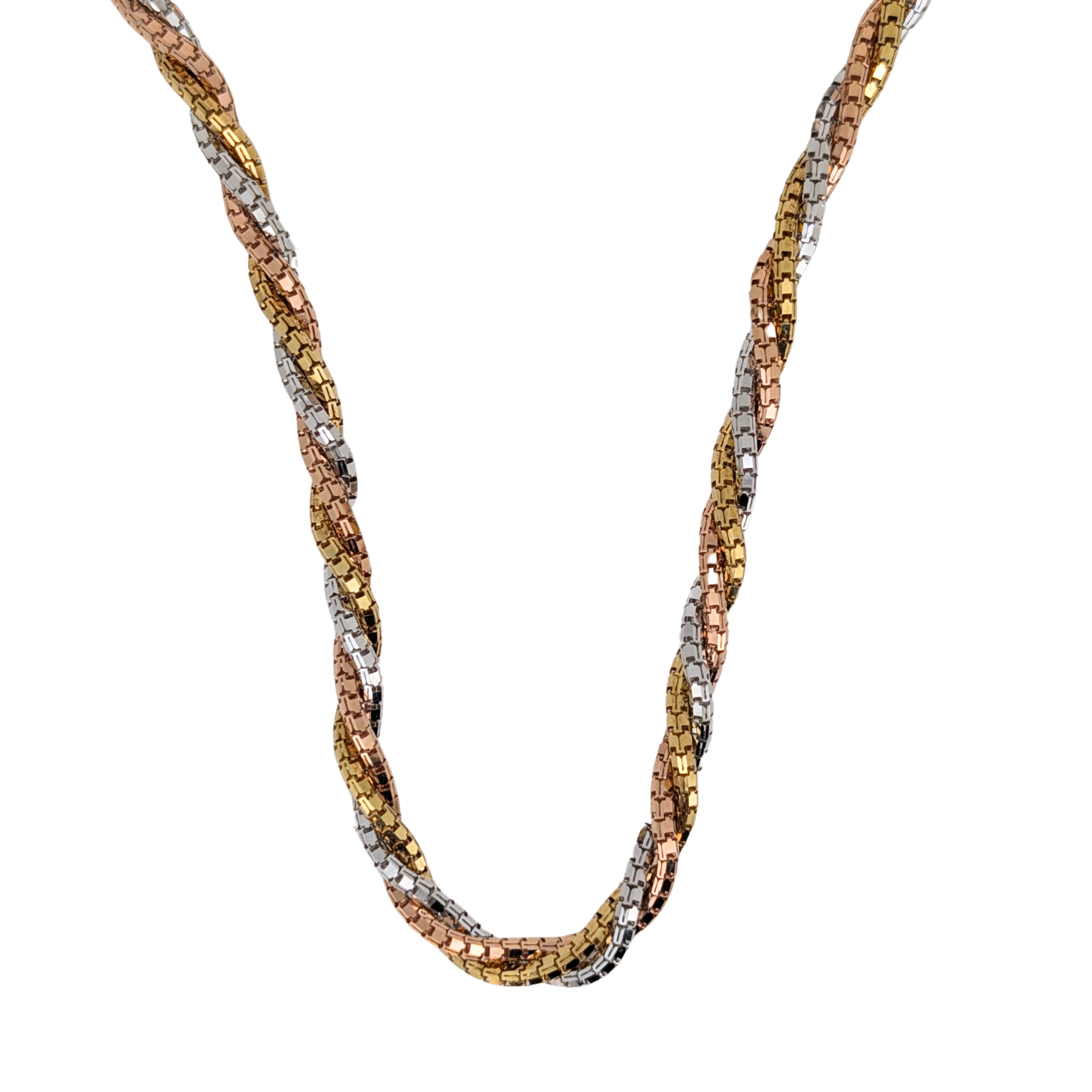 18K Tri-Colour Gold Twisted Rope Chain Necklace In White/Yellow/Rose Gold
