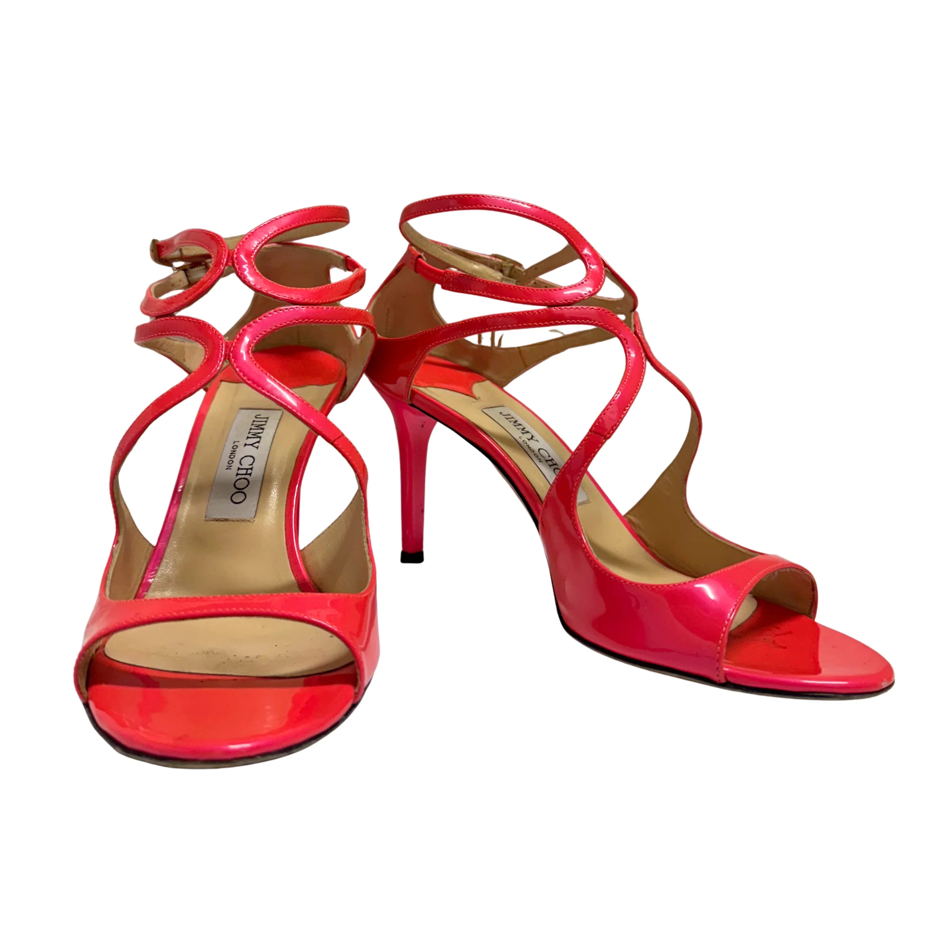 Jimmy Choo Lang 100 Patent Leather Sandals Pumps Neon Pink size 40
