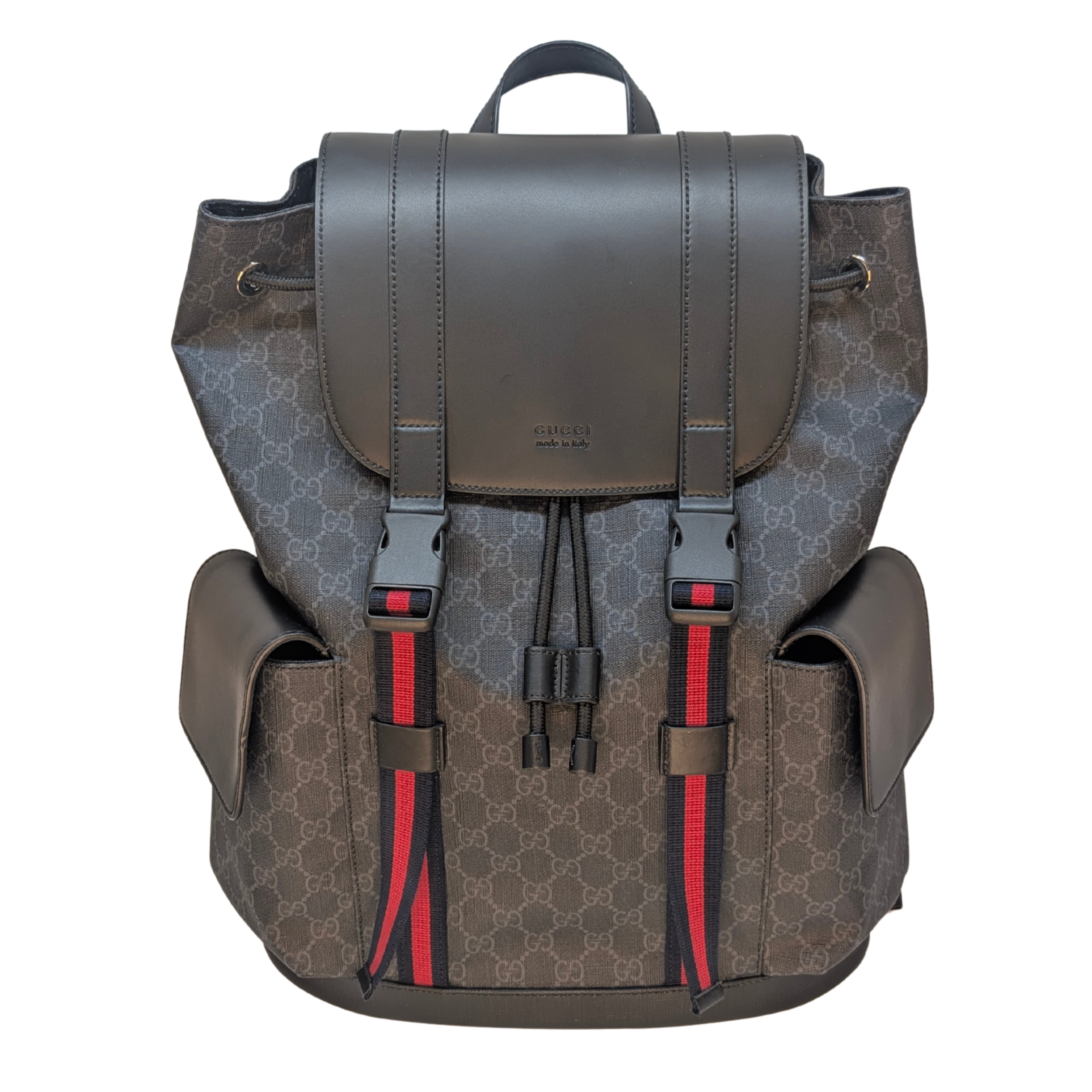 Gucci GG Supreme Monogram Calfskin Web Double Buckle Backpack Black