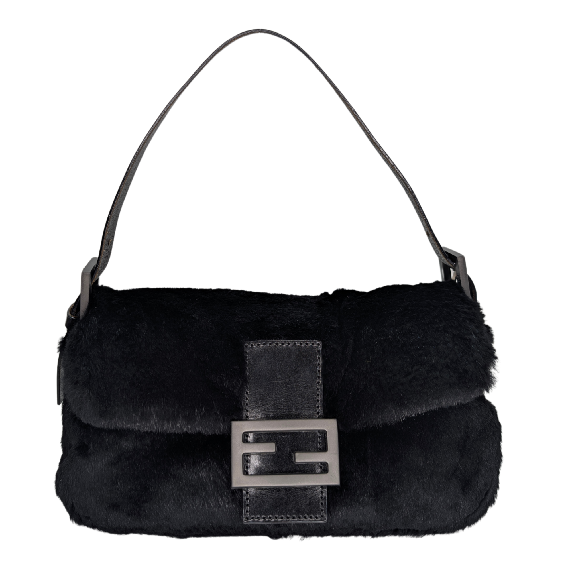 Fendi Rabbit Fur Baguette Handbag Black