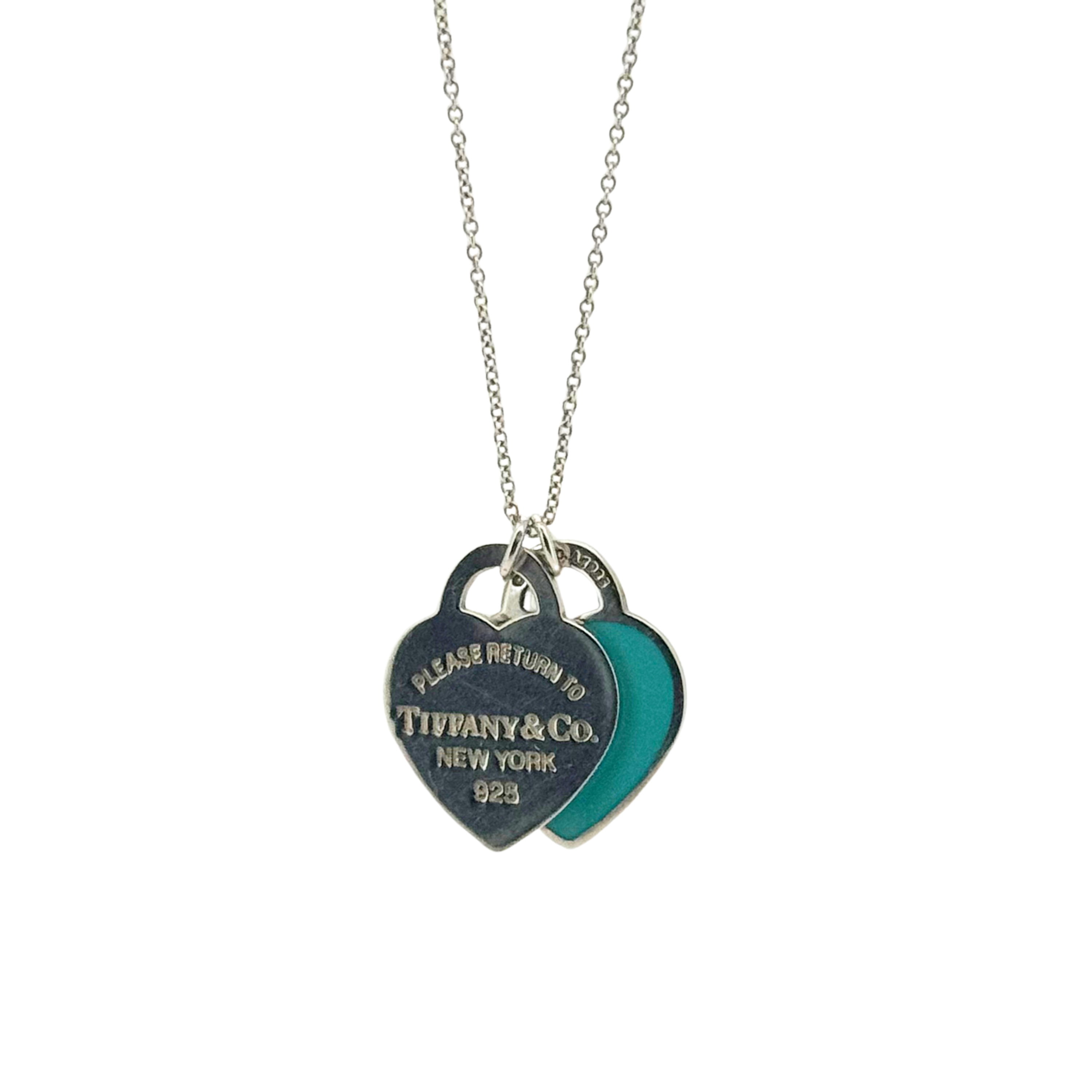 Tiffany & Co Blue Double Heart Tag Pendant Mini Necklace Silver 925