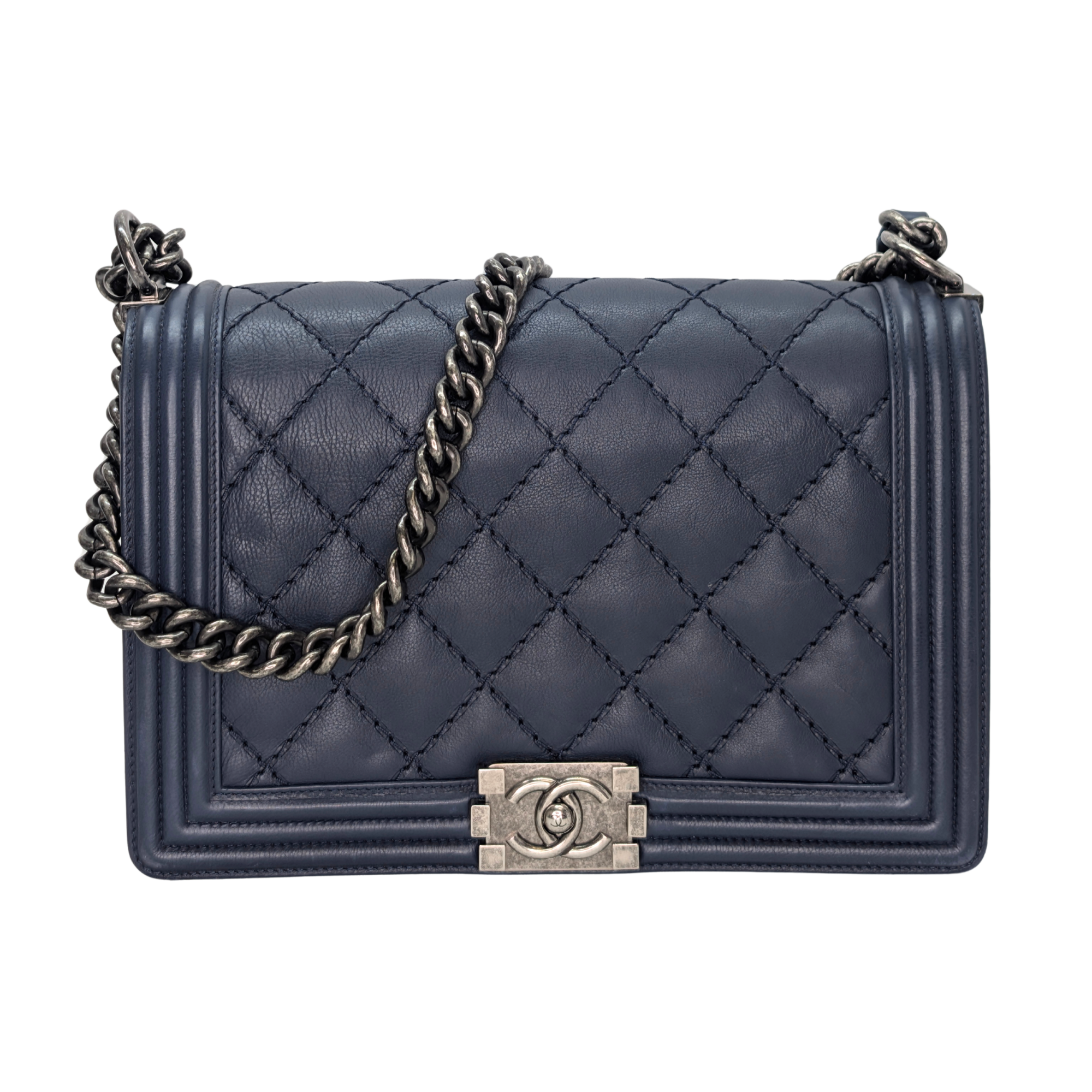 Chanel Flap Boy Shoulder Bag Medium Navy Blue