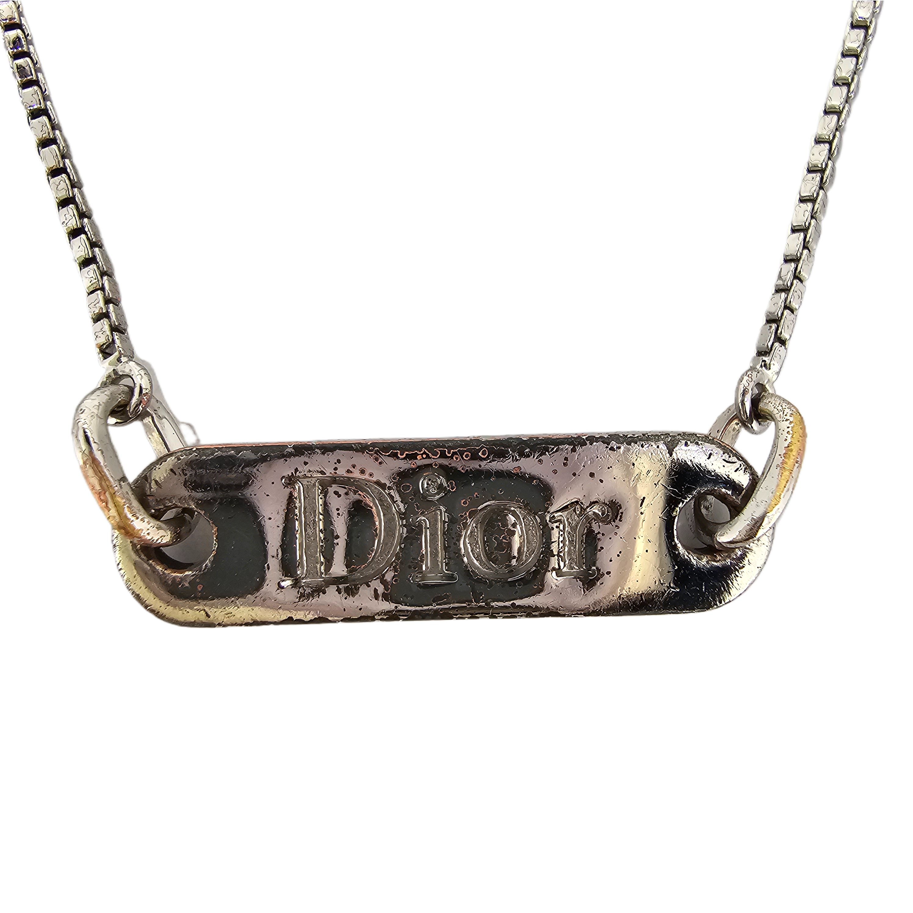 Dior Silver Brass And Enamel Logo Plate Pendant Necklace