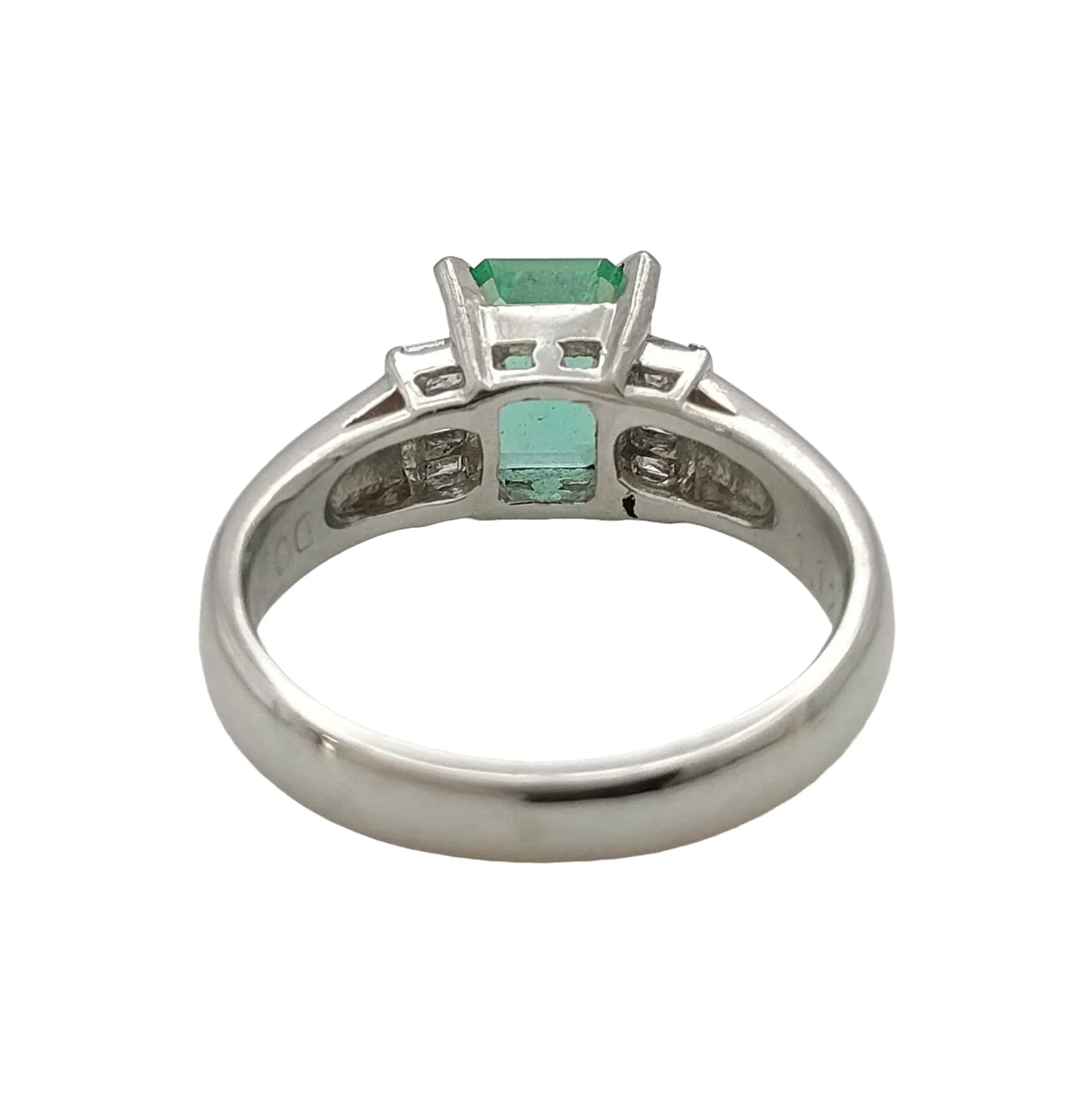 Platinum 900 Natural Emerald 1.12CT & Diamond 0.16CT Three Stone Ring SIZE P½