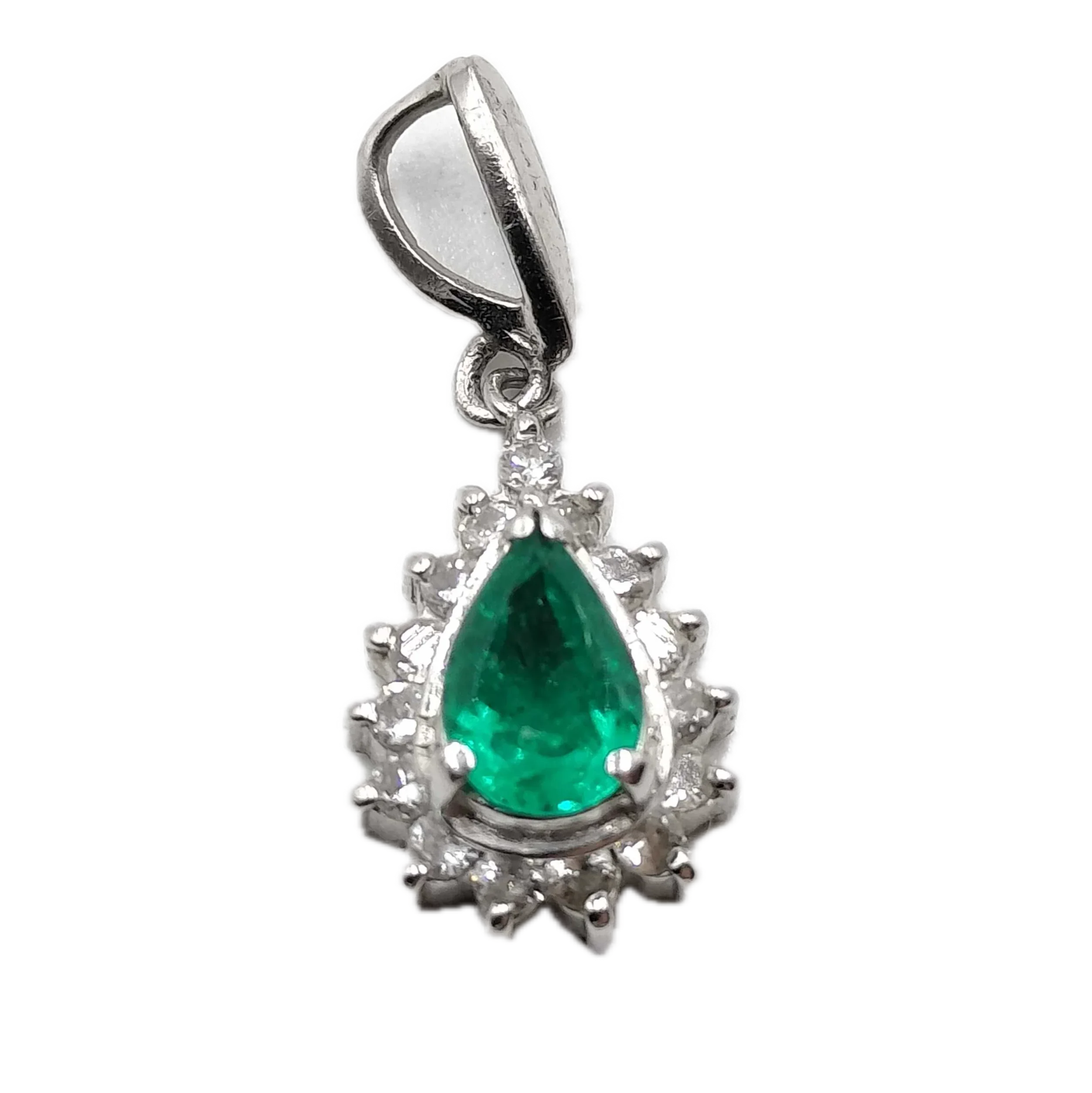Platinum 900 Natural Emerald 0.40ct & Diamond 0.15ct Pear Halo Pendant