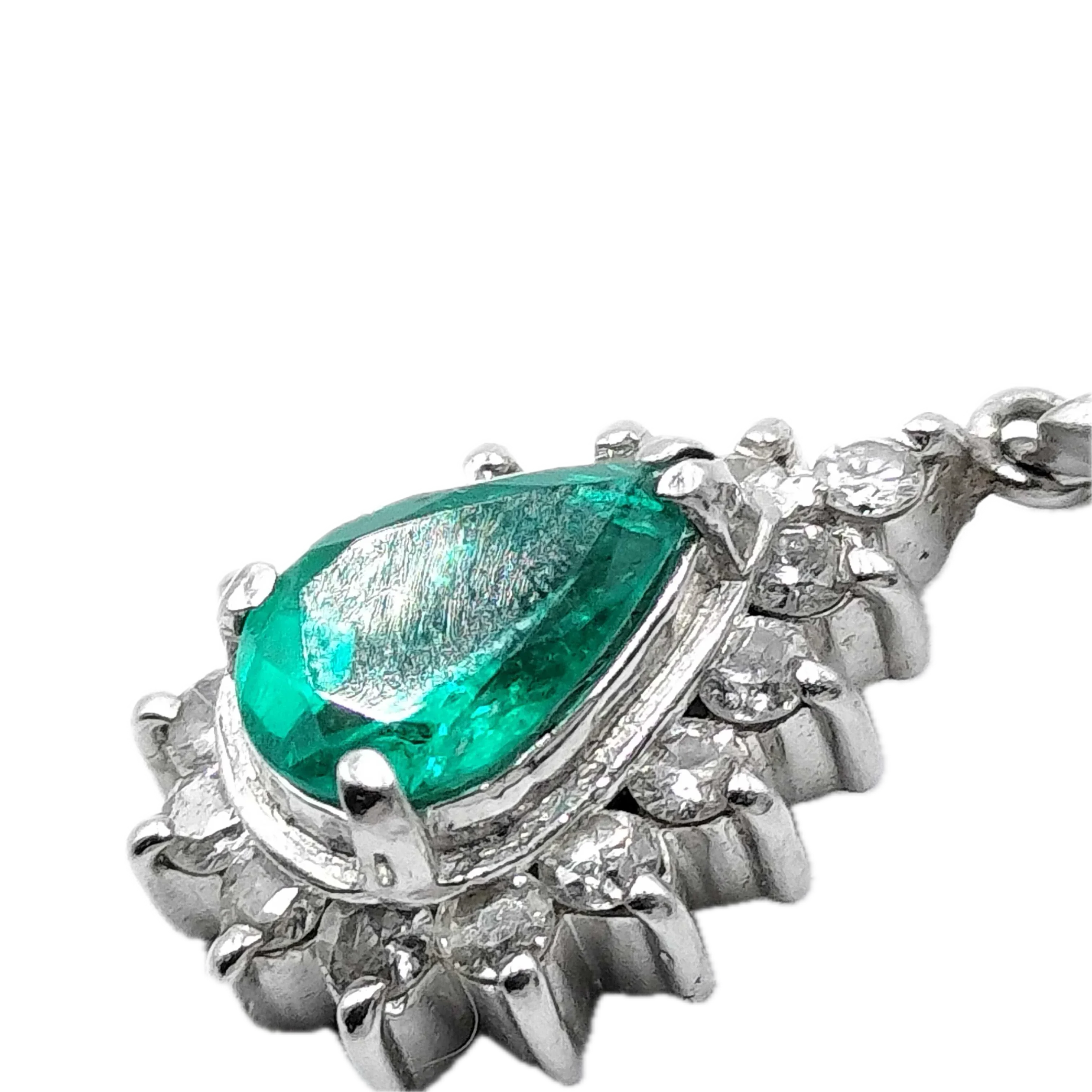 Platinum 900 Natural Emerald 0.40ct & Diamond 0.15ct Pear Halo Pendant