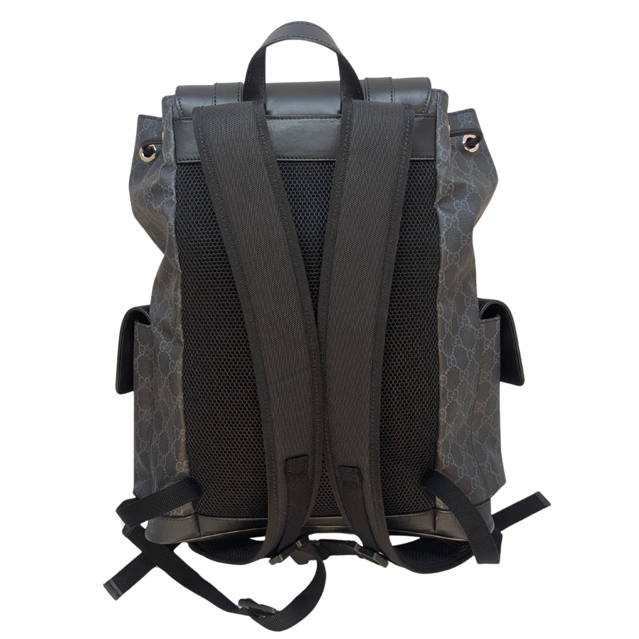 Gucci GG Supreme Monogram Calfskin Web Double Buckle Backpack Black