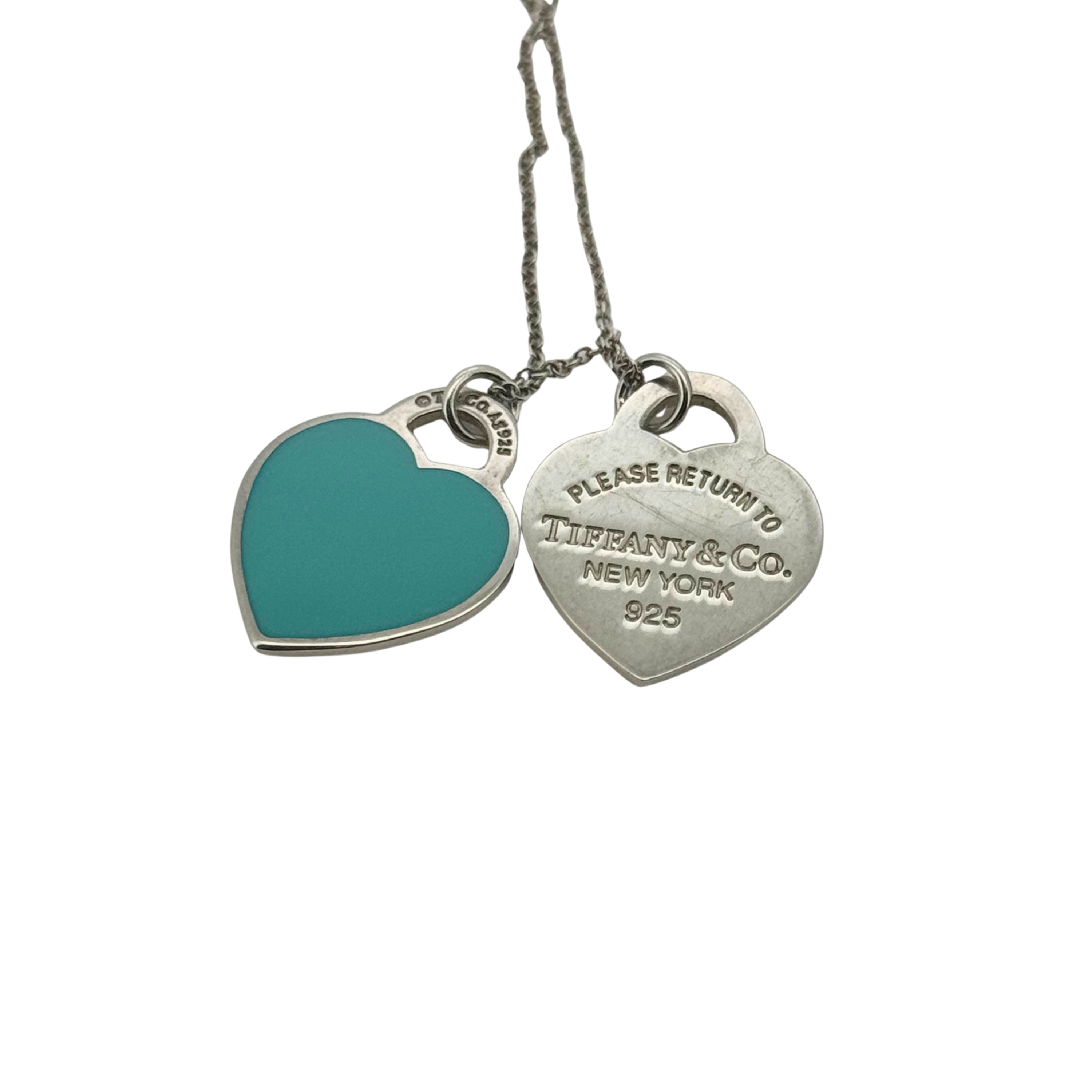Tiffany & Co Blue Double Heart Tag Pendant Mini Necklace Silver 925