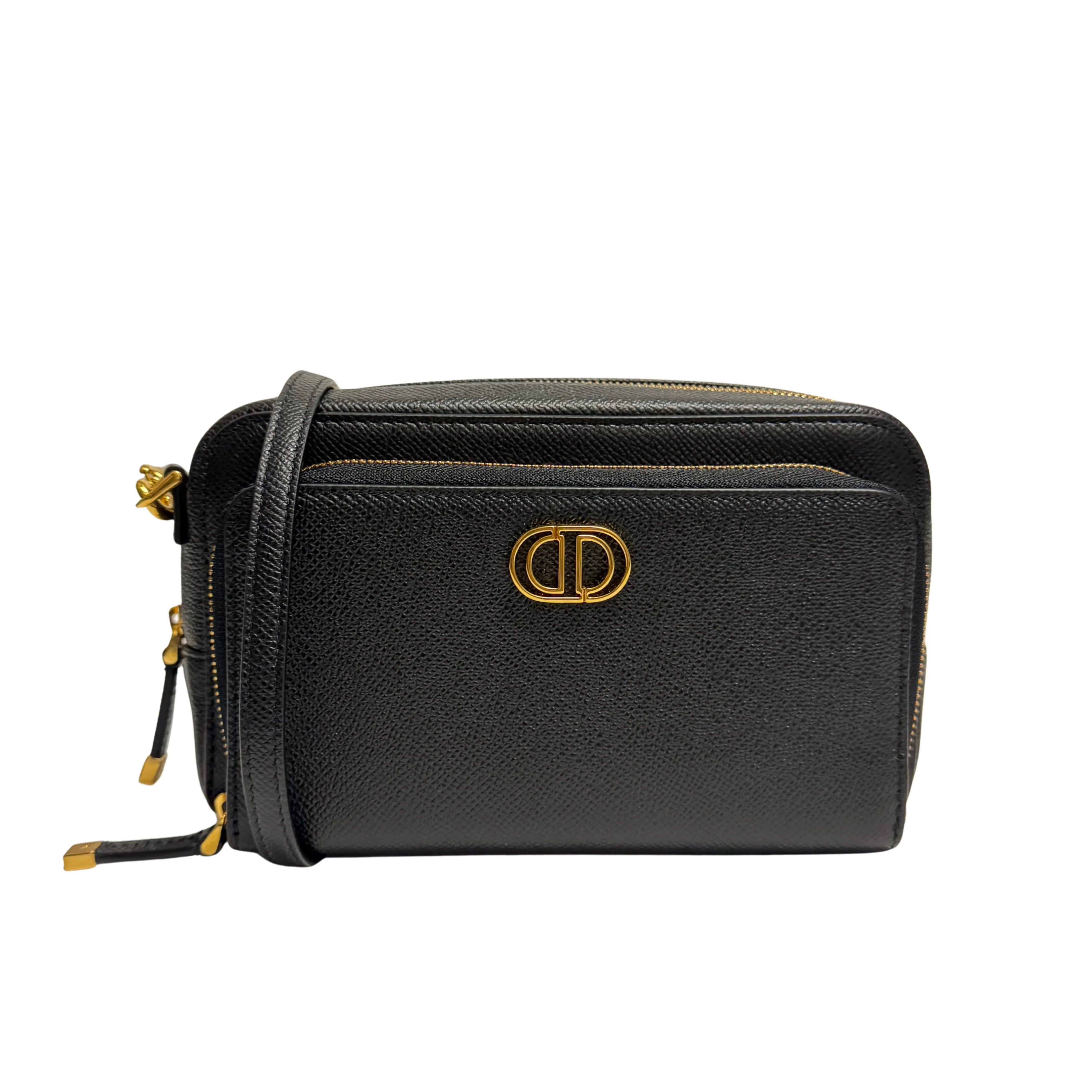 Christian Dior Caro Grained Leather Double Pouch Crossbody Bag Black