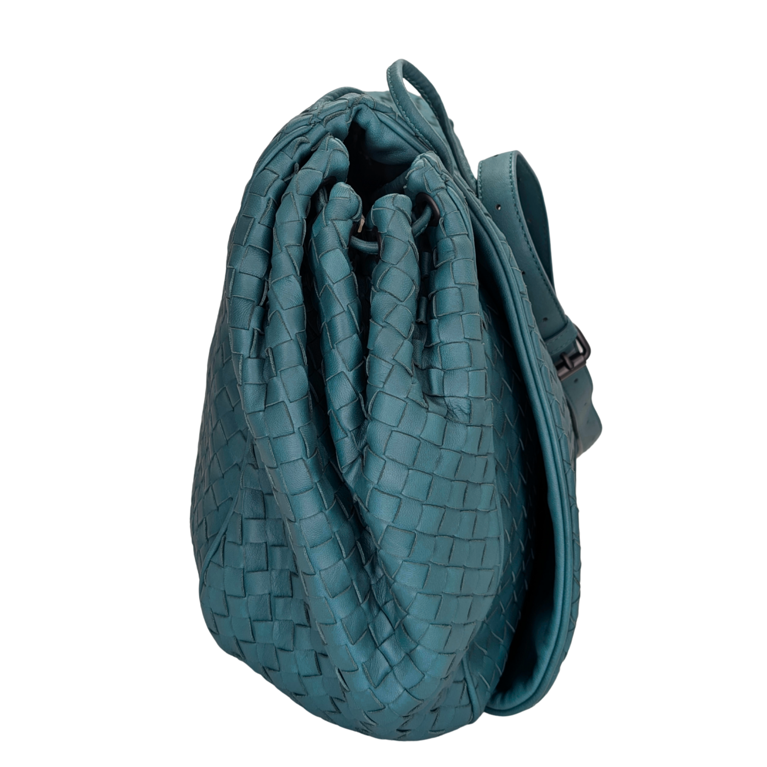 Bottega Veneta Tabita Drawstring Flap Intrecciato Shoulder Bag Blue