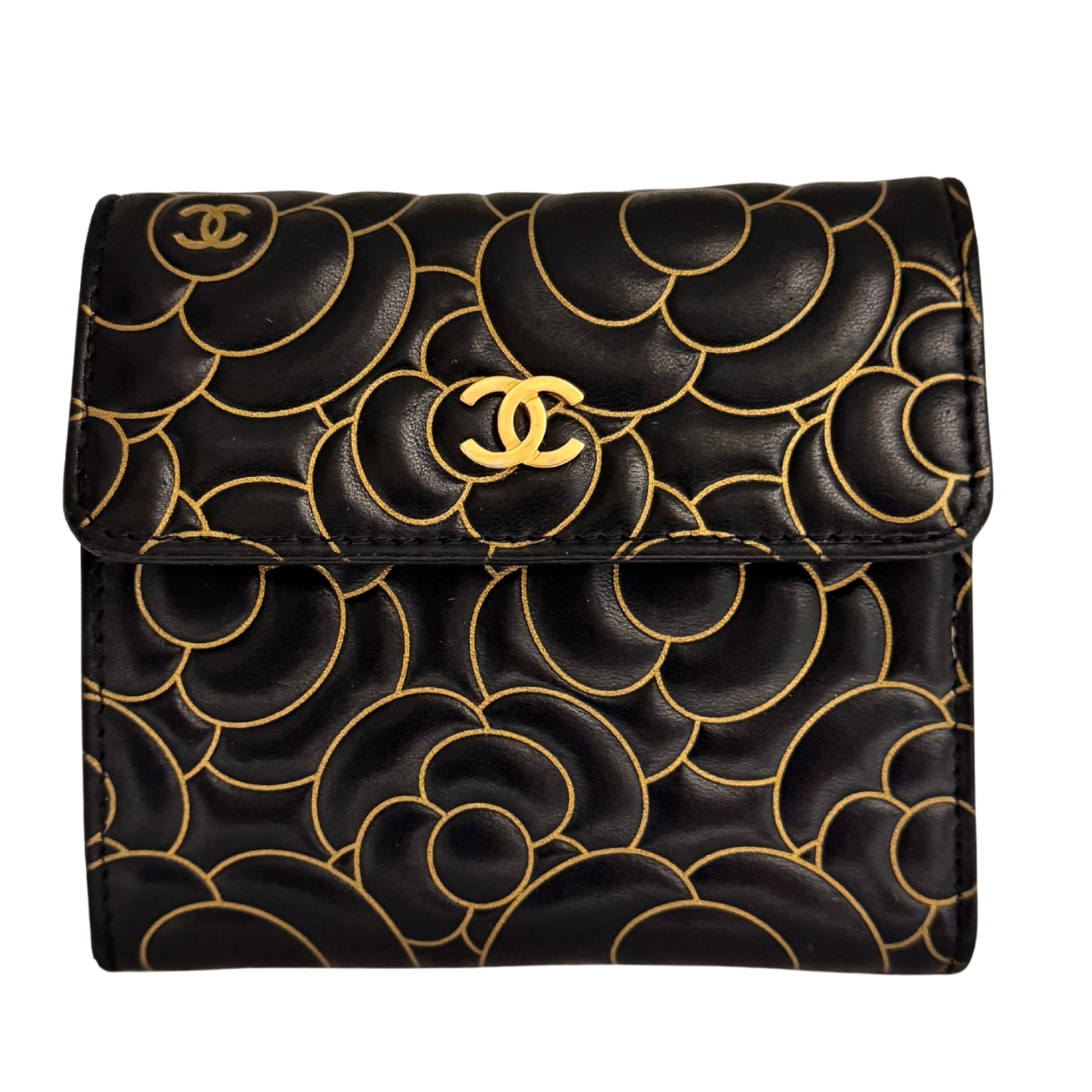 Chanel Lambskin Camellia Embossed Wallet in Black & Gold