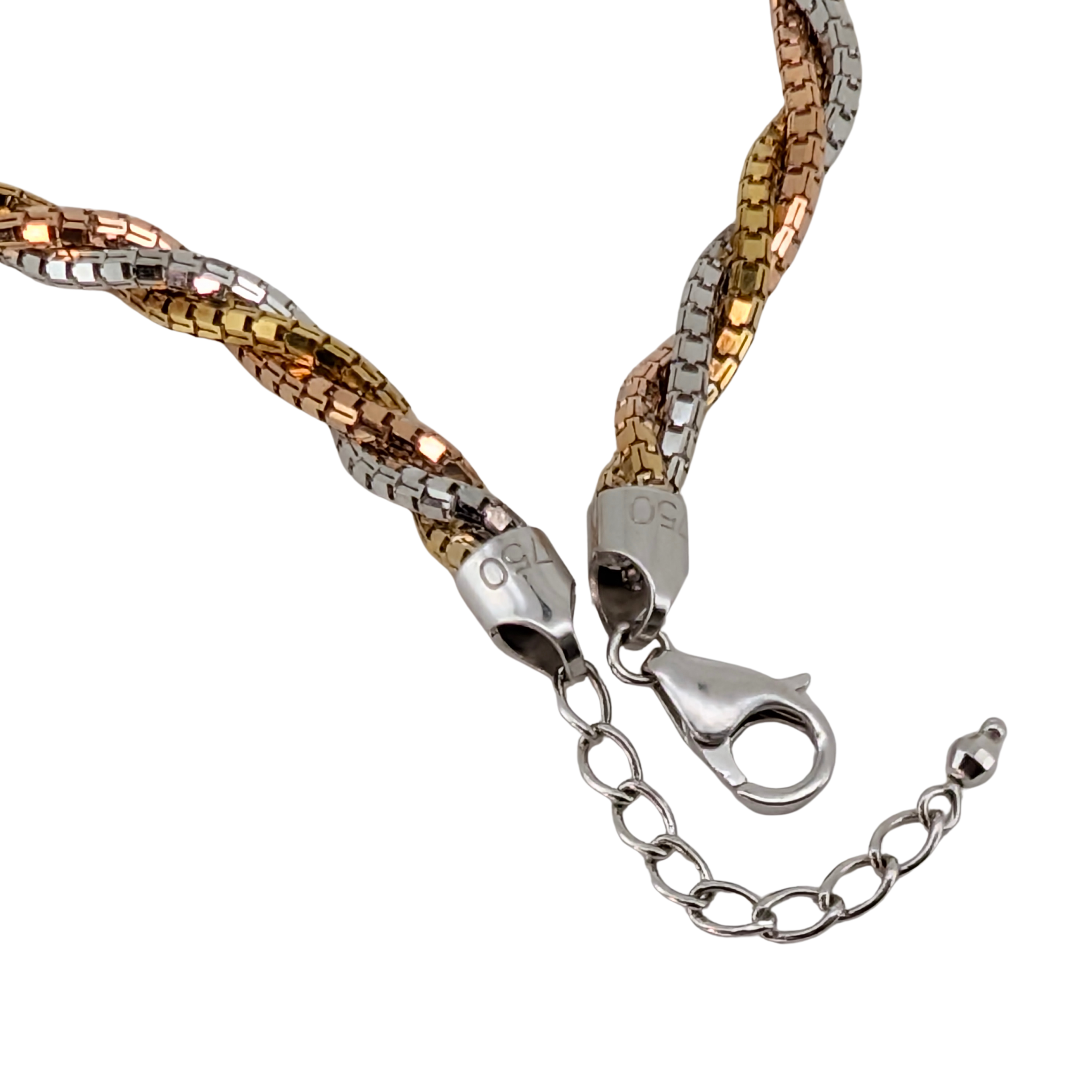 18K Tri-Colour Gold Twisted Rope Chain Necklace In White/Yellow/Rose Gold