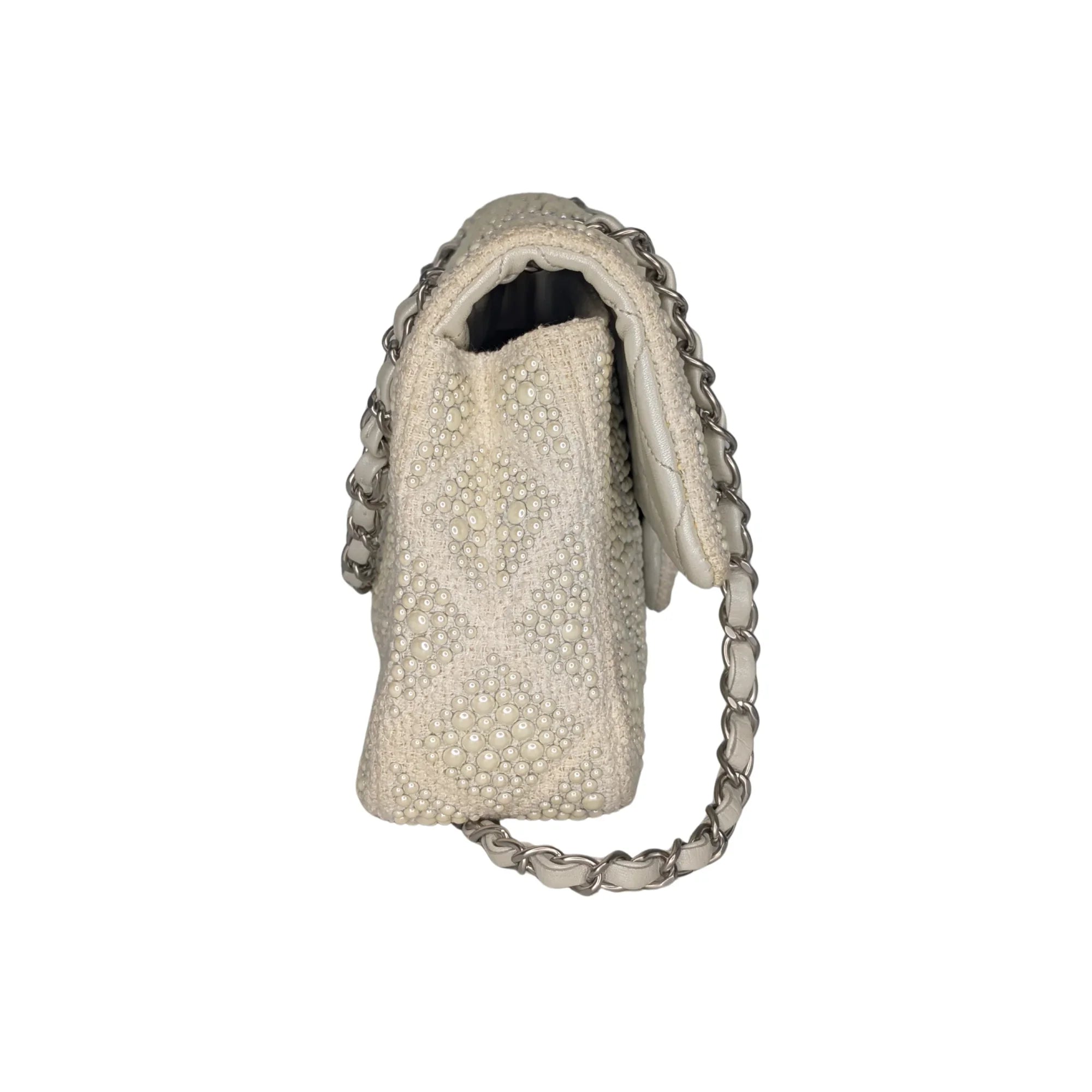Chanel Classic Flap Pearl Embellished Shoulder Bag White - Lost Designer