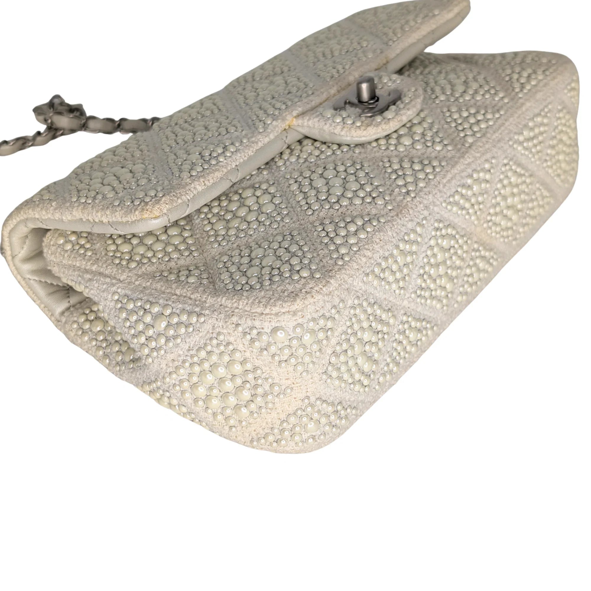 Chanel Classic Flap Pearl Embellished Shoulder Bag White - Lost Designer