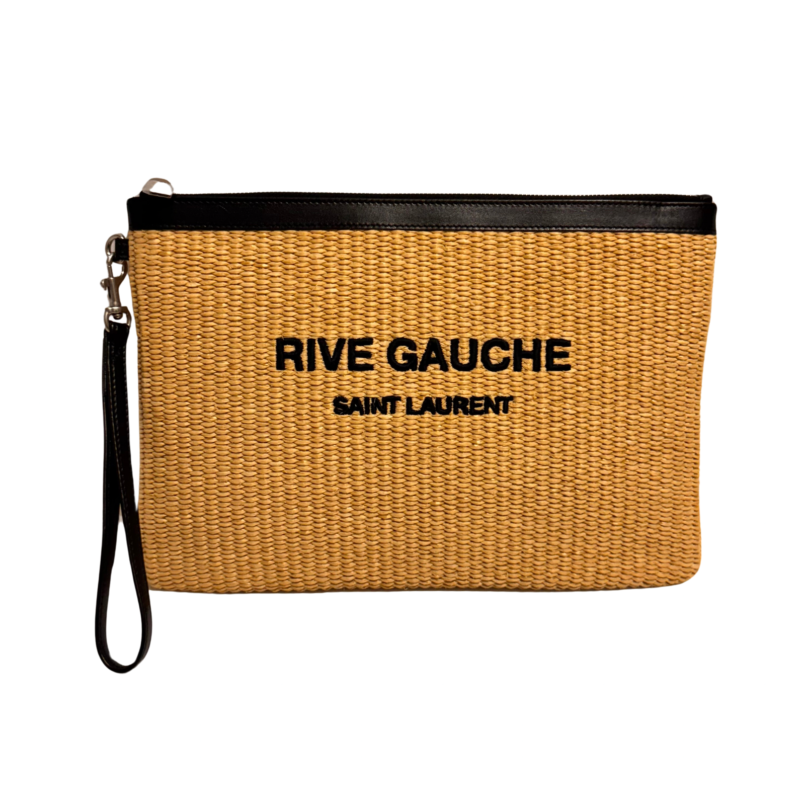 Saint Laurent Raffia Calfskin Rive Gauche Zipped Pouch