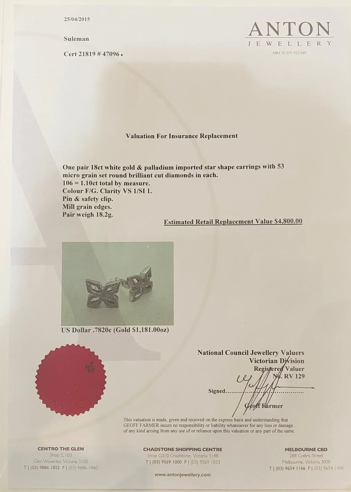 Jewelry valuation document from Anton Jewellery with an image of earrings.
