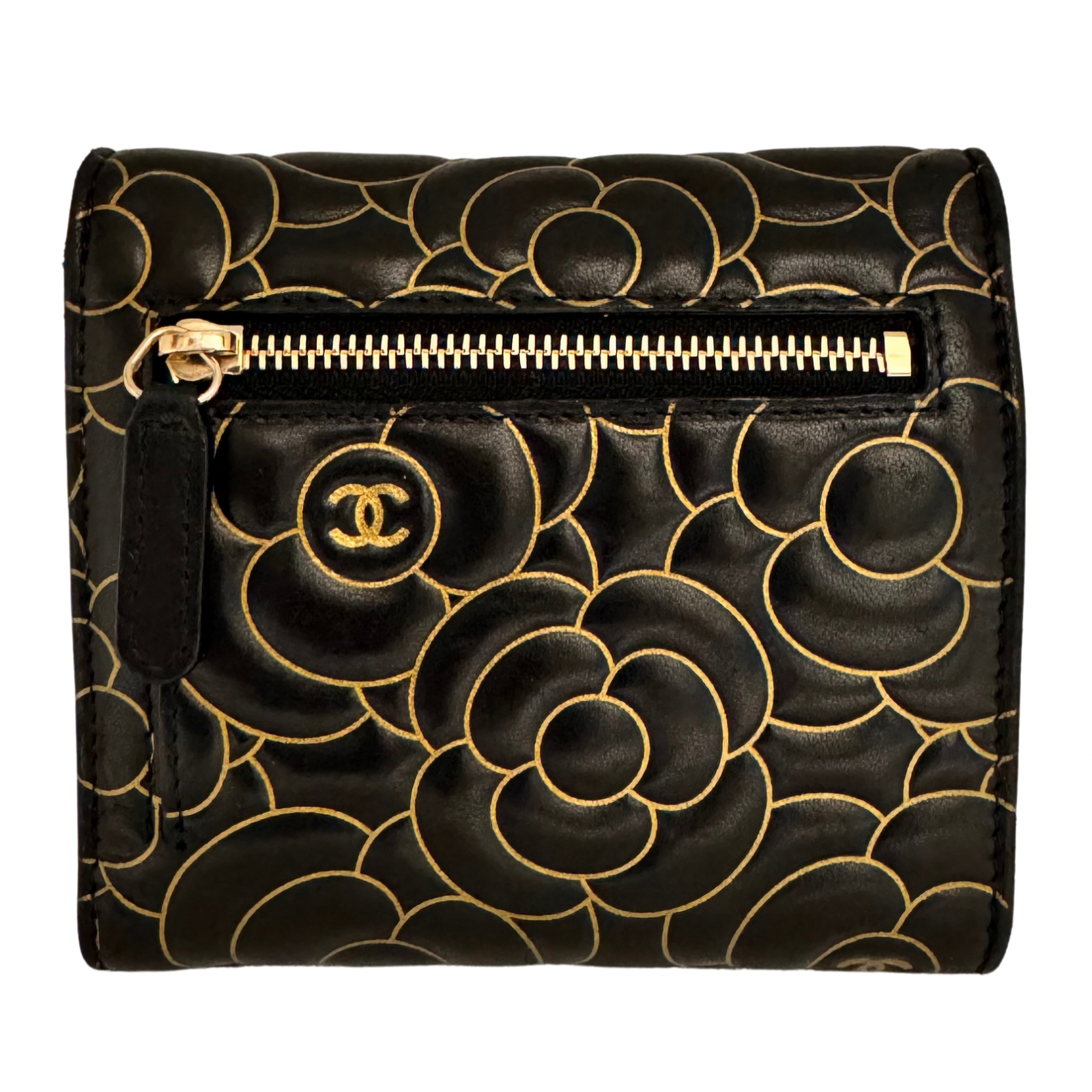 Chanel Lambskin Camellia Embossed Wallet in Black & Gold
