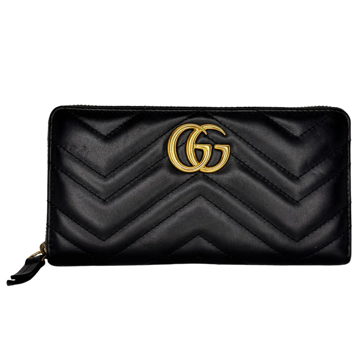 Gucci GG Marmont Zip-Around Long Wallet Black Matelassé Chevron Leather - Lost Designer