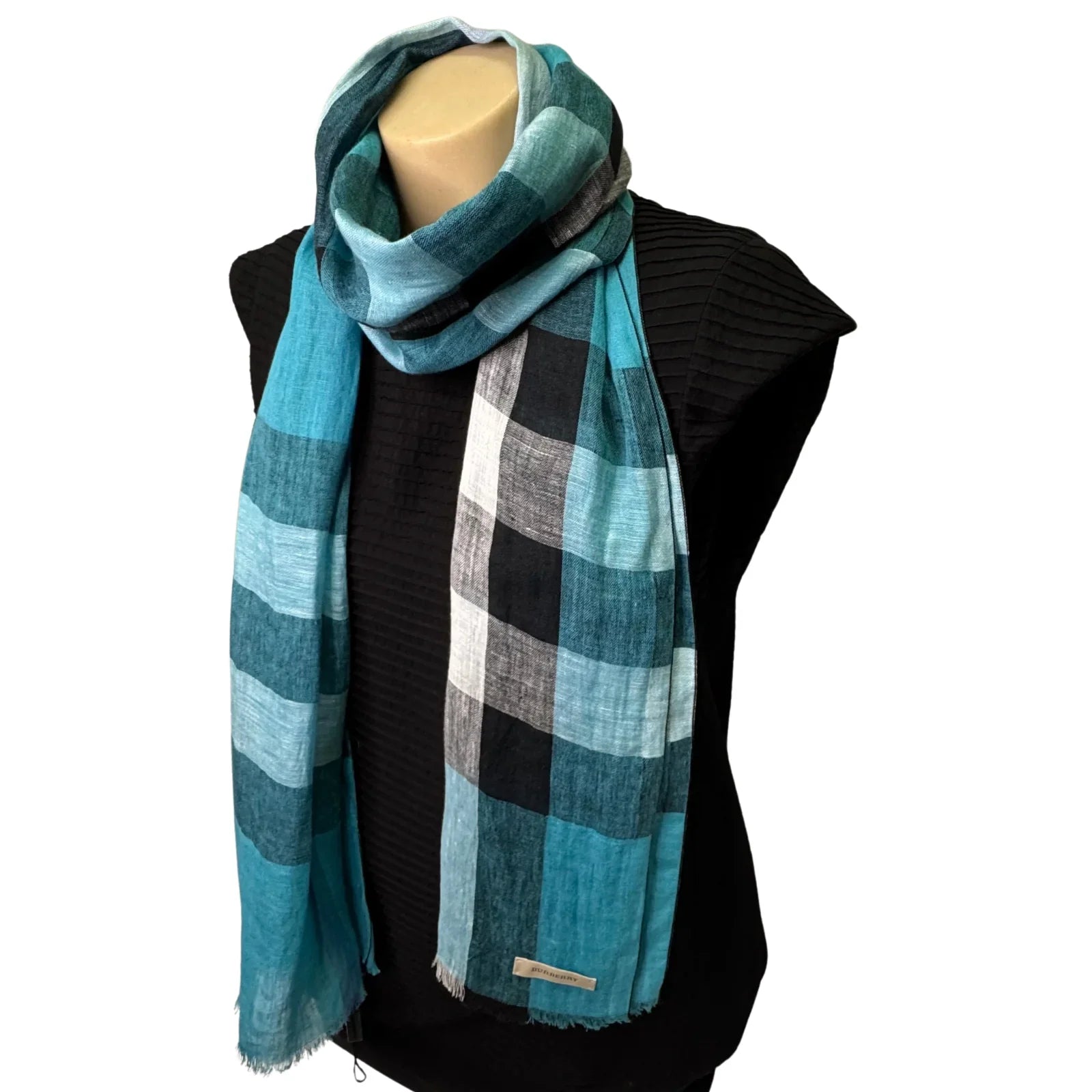 Burberry Linen Scarf Blue Check