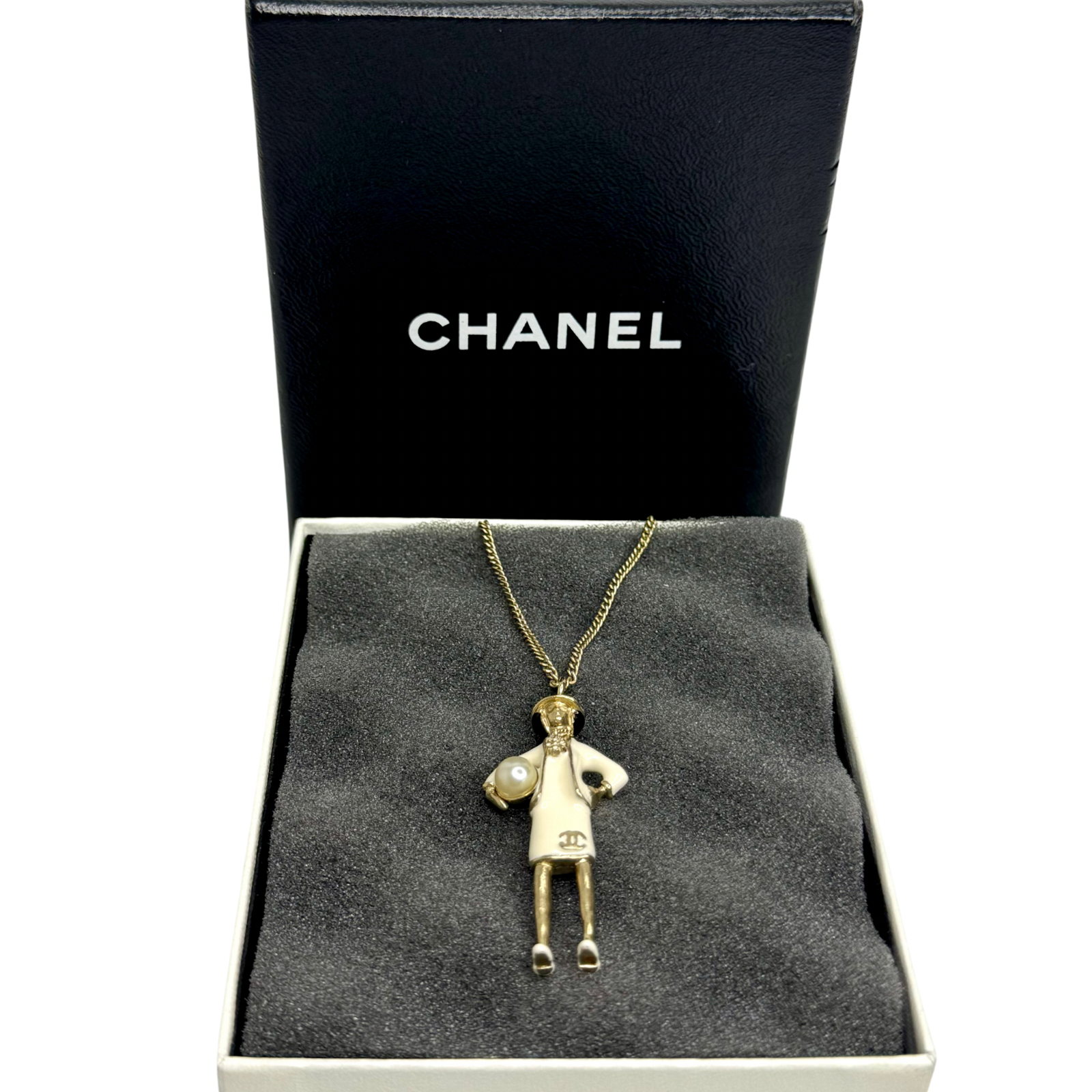 Chanel Mademoiselle Figurine Enamel Pearl Coco CC Pendant Necklace