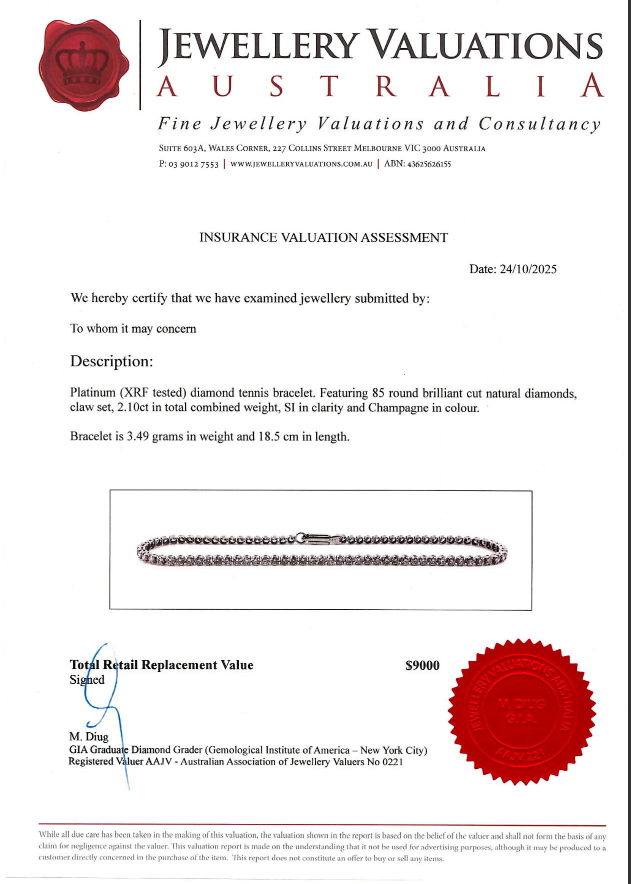 2.10ct SI Natural Diamond on Platinum Tennis Bracelet