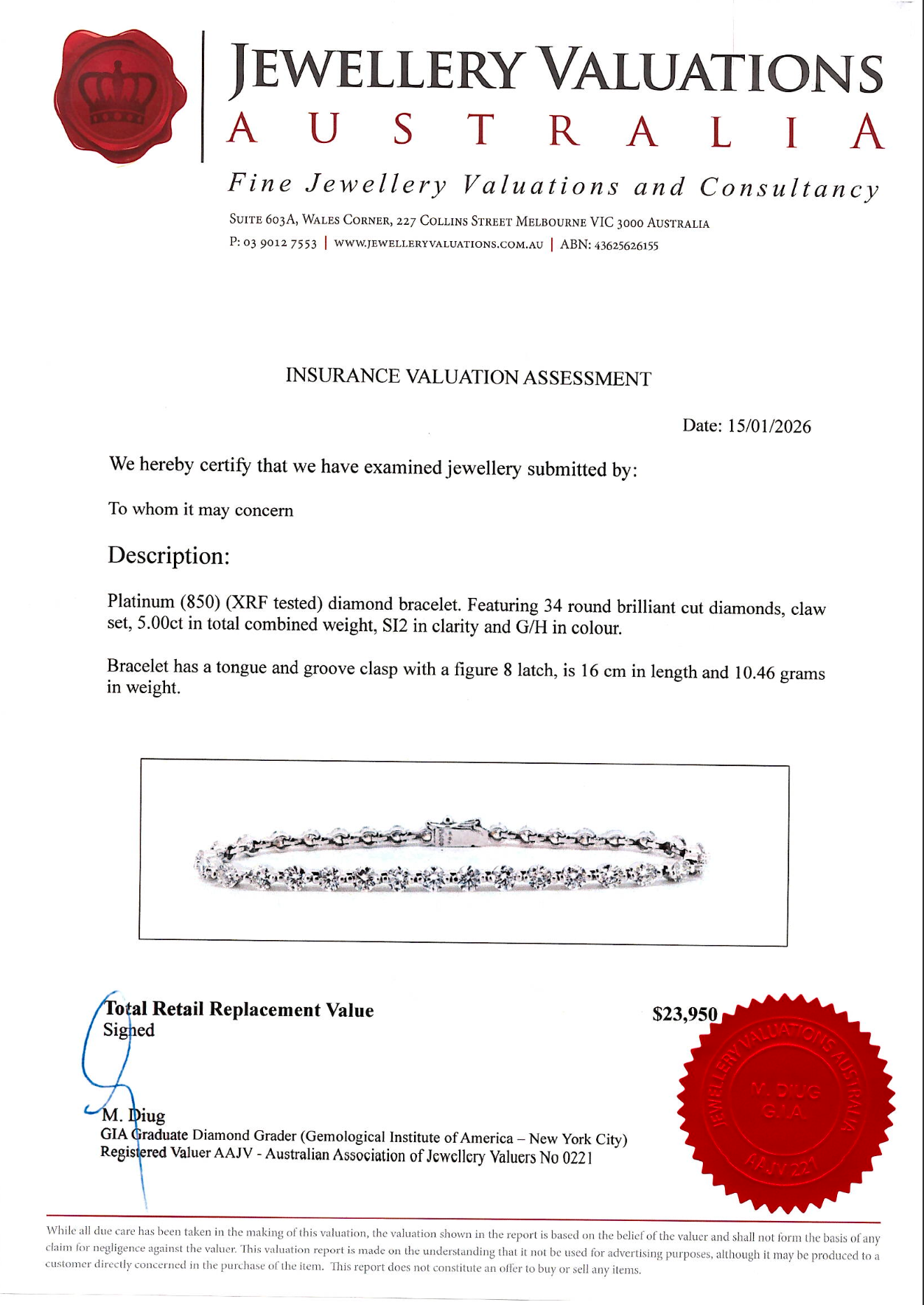 5.0ct Platinum Natural Round Brilliant Diamond Tennis Bracelet
