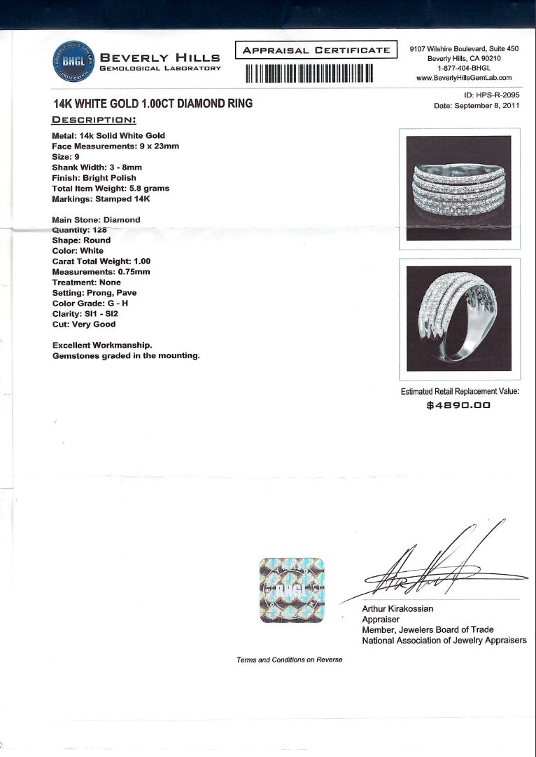 1.00Ct Natural White Diamonds Multi-Row Pavé Ring In 14K White Gold