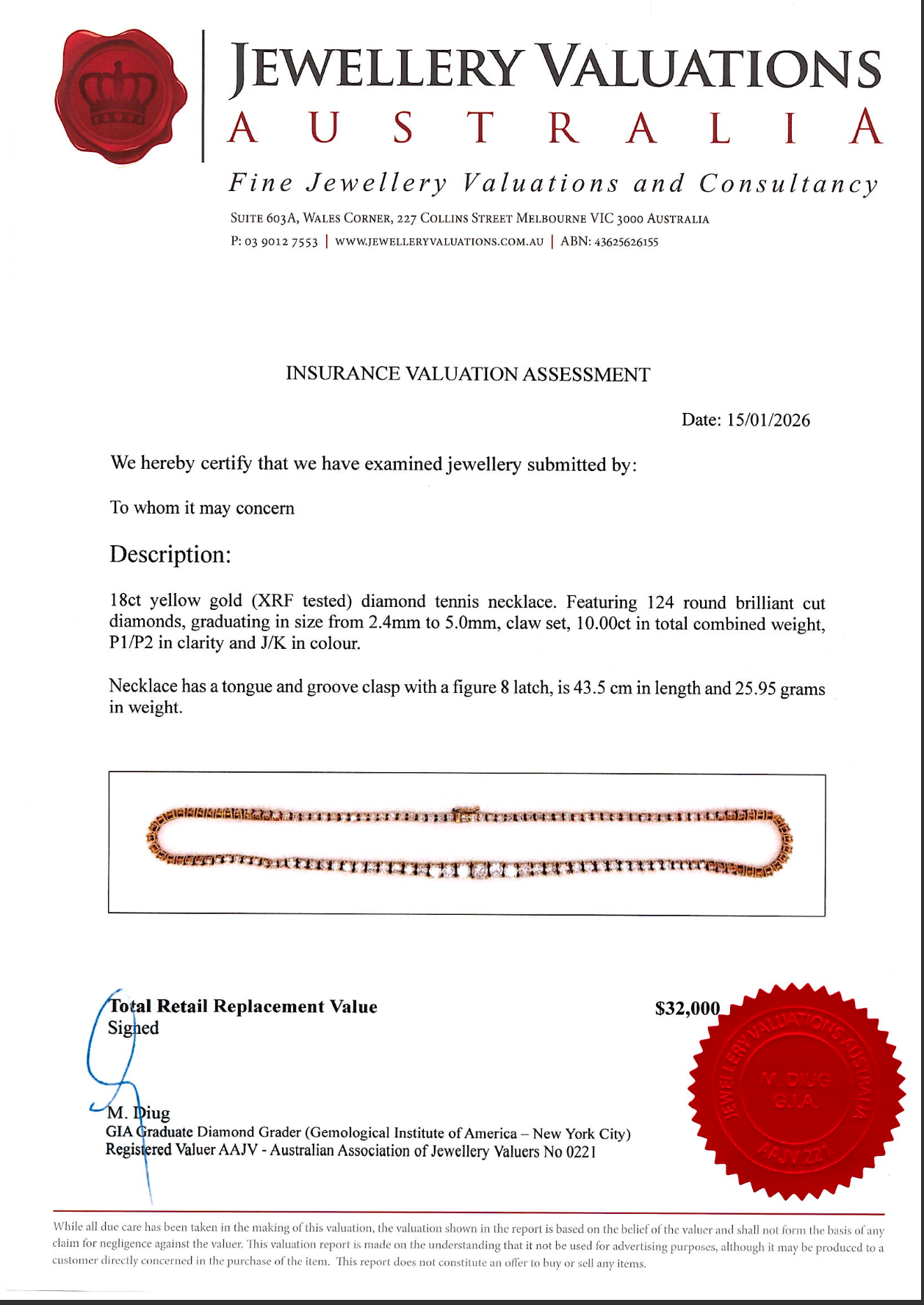 10.0ct 18k Yellow Gold Natural Diamond Graduating Tennis Necklace