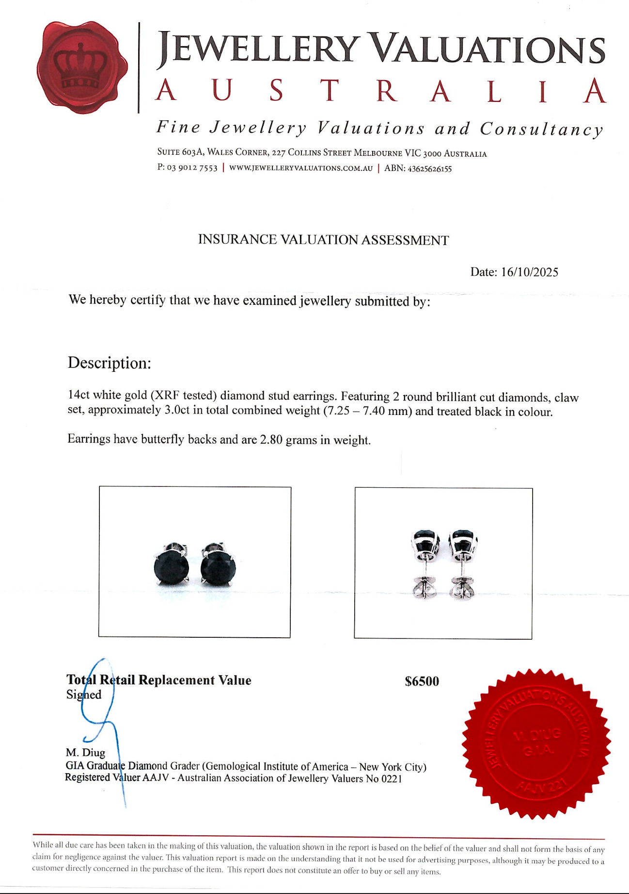 3.0Ct Black Diamond Brilliant Cut Stud Earrings On 14K White Gold